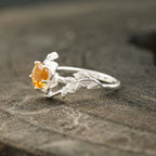 Round Citrine Leaf Engagement Ring | Nature-Inspired 925 Silver - MinimalistJewels