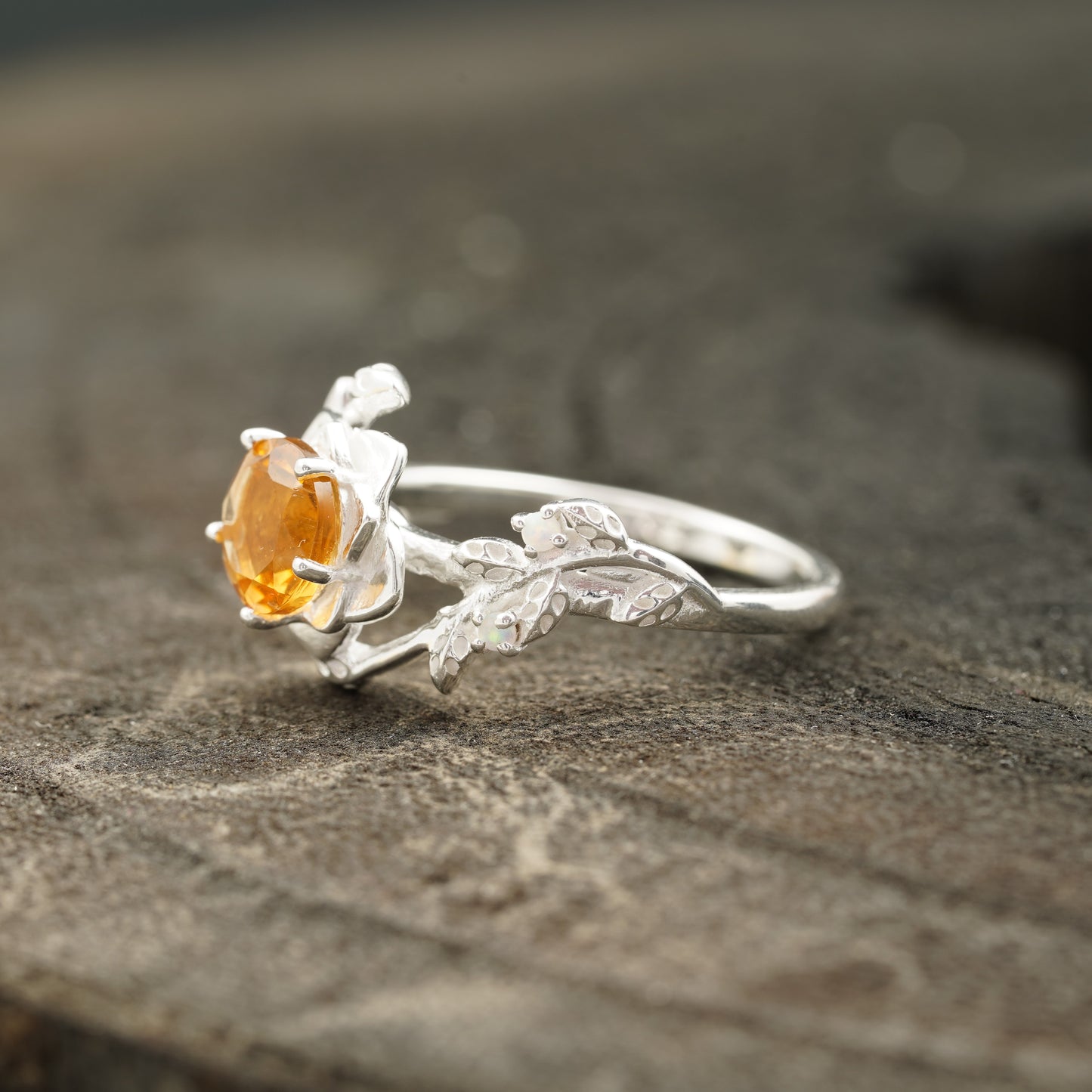 Round Citrine Leaf Engagement Ring | Nature-Inspired 925 Silver