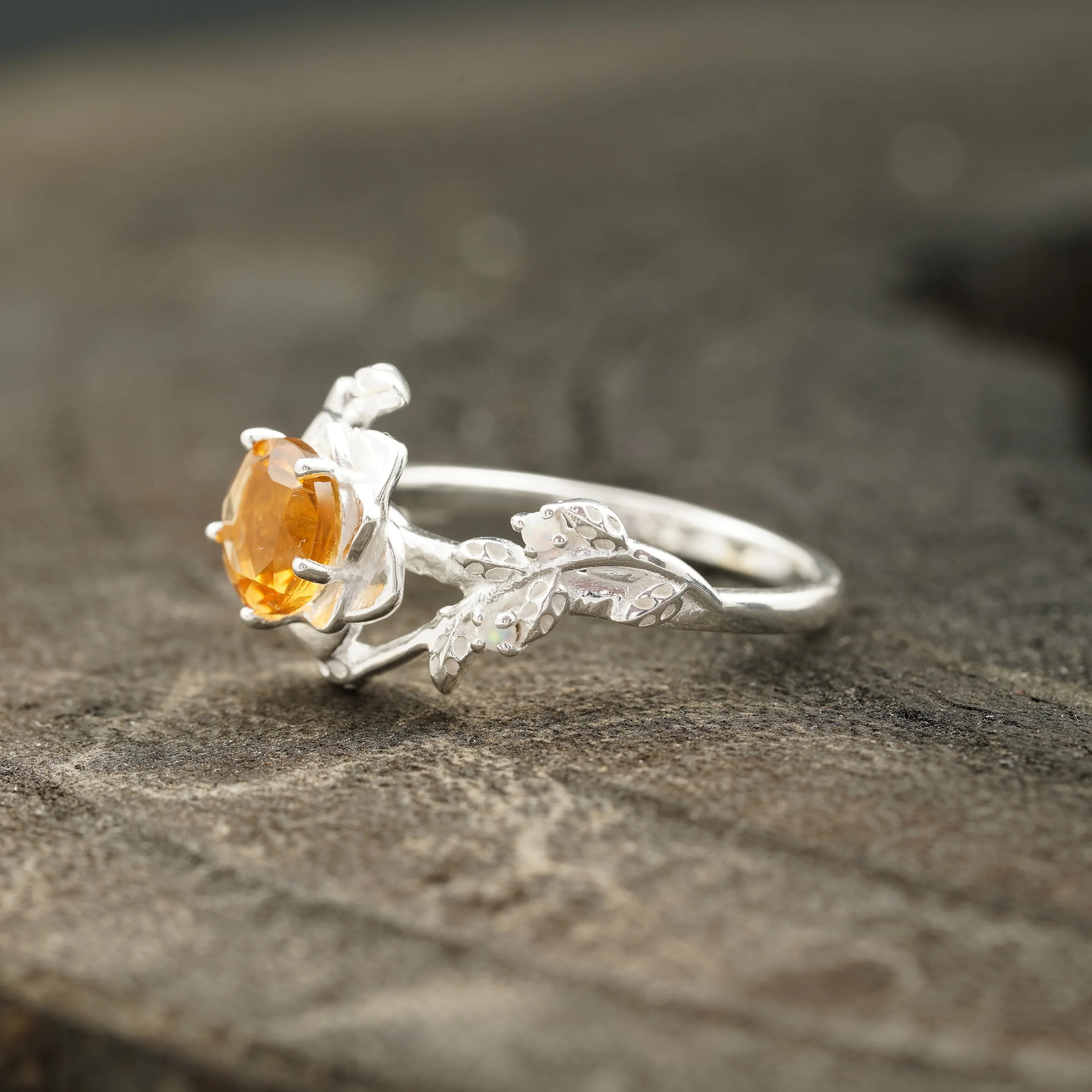 Round Citrine Leaf Engagement Ring | Nature-Inspired 925 Silver - MinimalistJewels