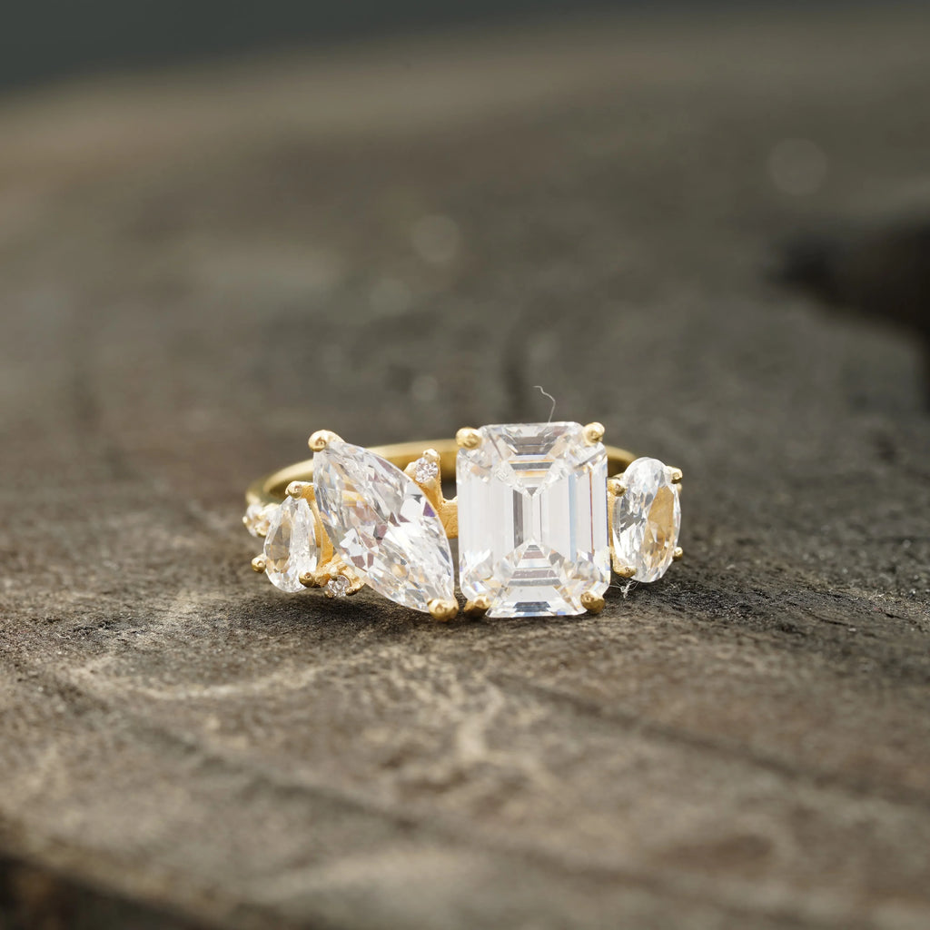 Cluster Moissanite Engagement Ring Emerald and Marquise Cut Ring - MinimalistJewels