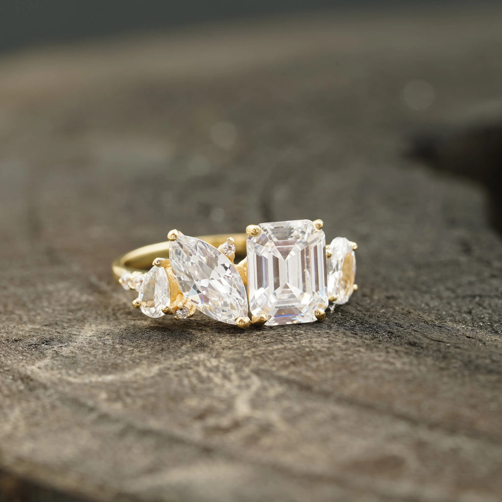 Cluster Moissanite Engagement Ring Emerald and Marquise Cut Ring - MinimalistJewels