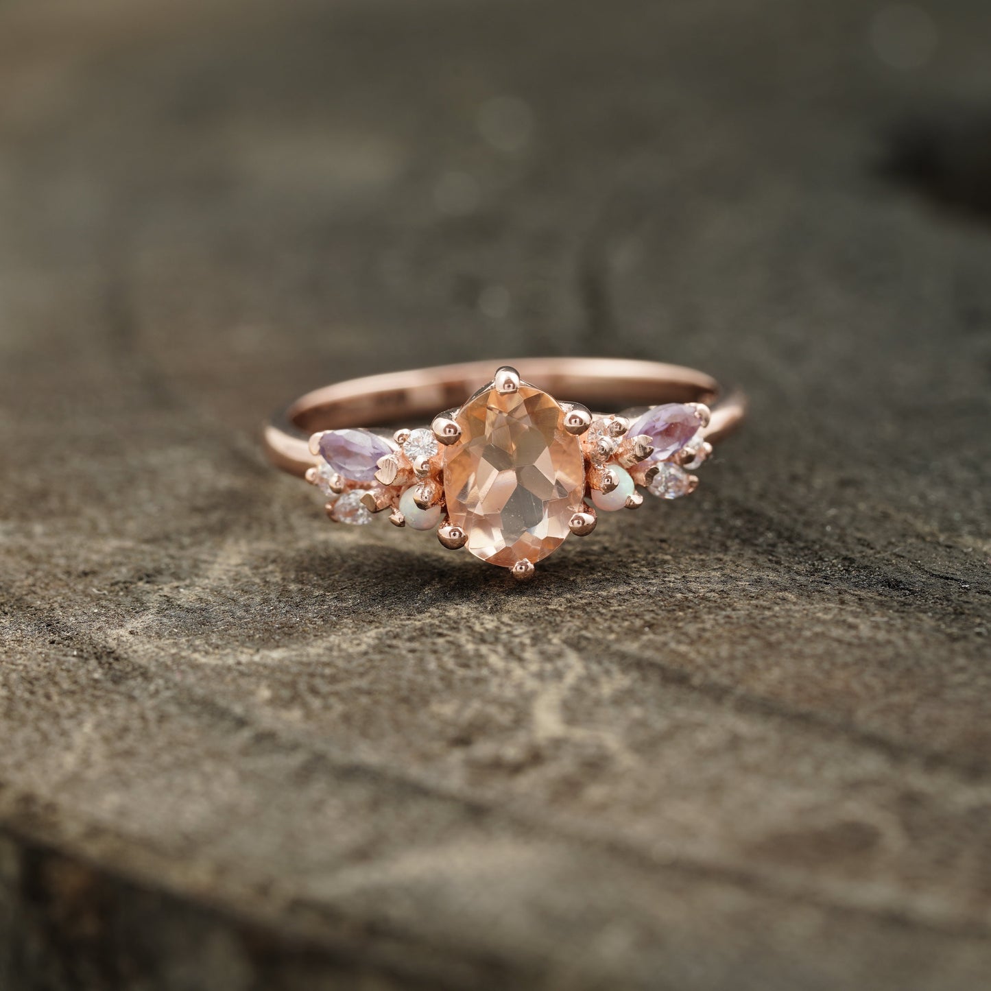 Oval Cut Morganite Gemstone Sterling Silver Engagement Ring &amp; Diamond