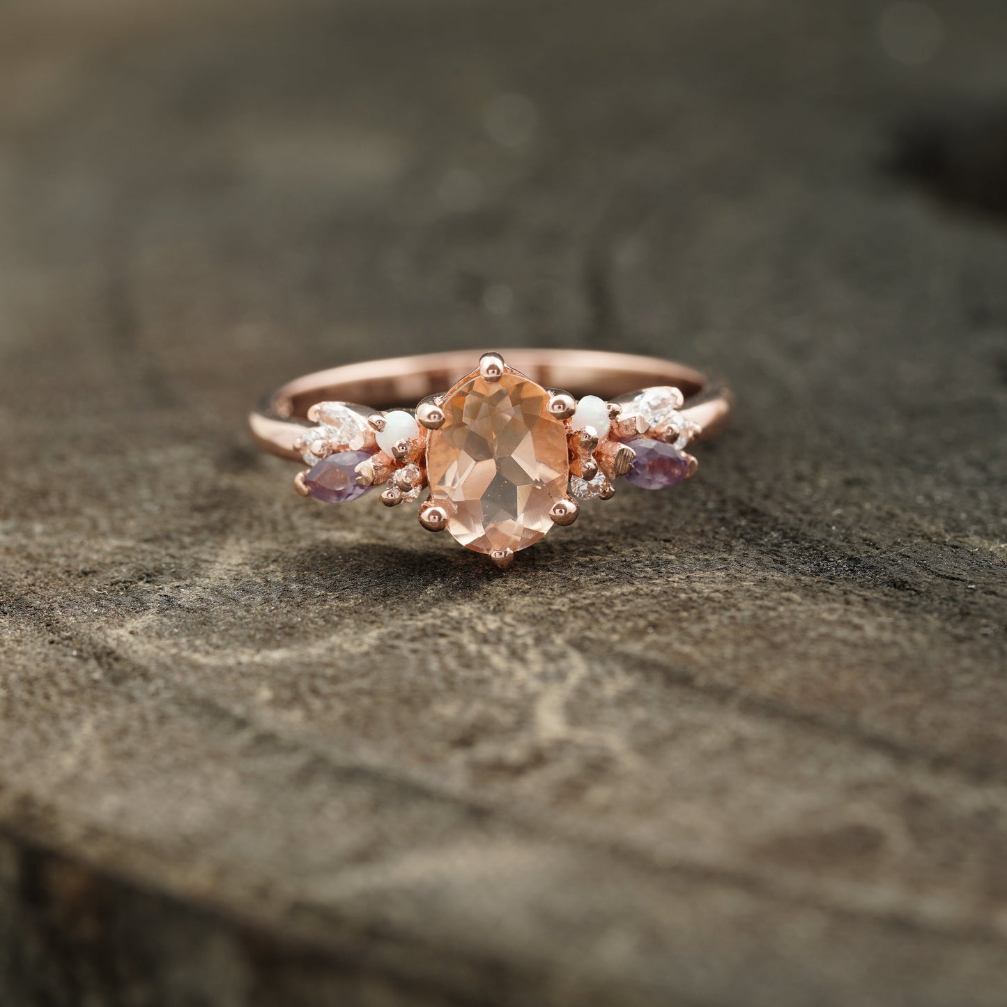 Oval Cut Morganite Gemstone Sterling Silver Engagement Ring &amp; Diamond