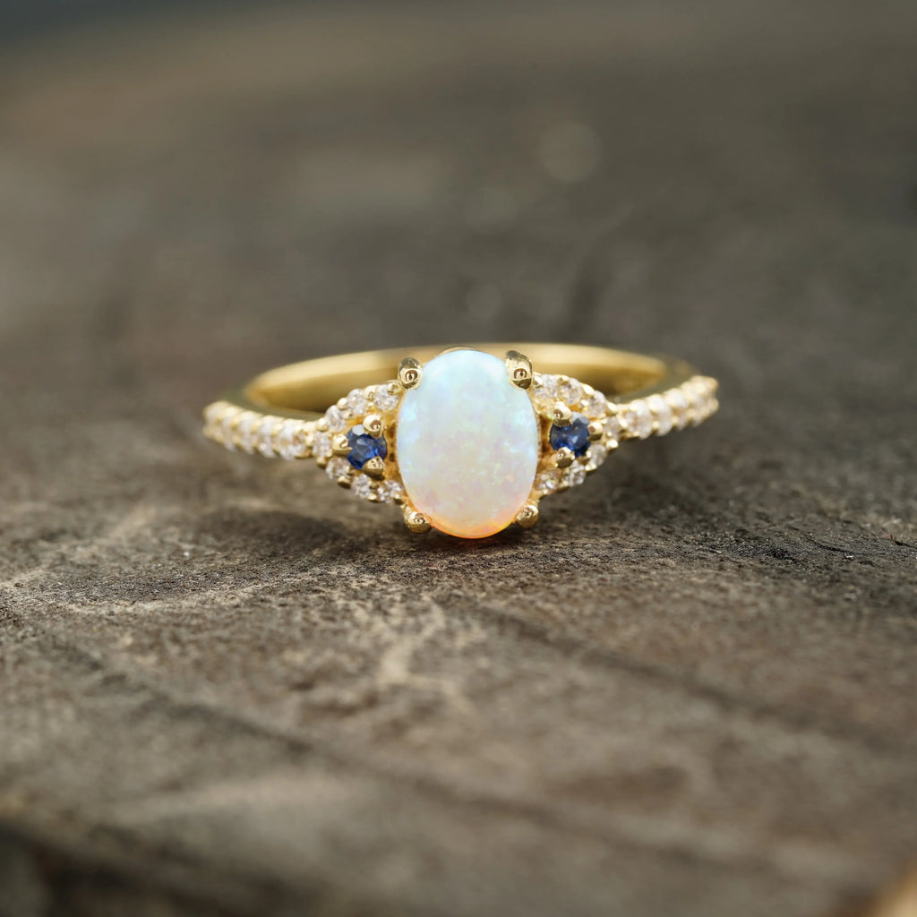 Opal & Sapphire halo Diamond Engagement Ring - MinimalistJewels