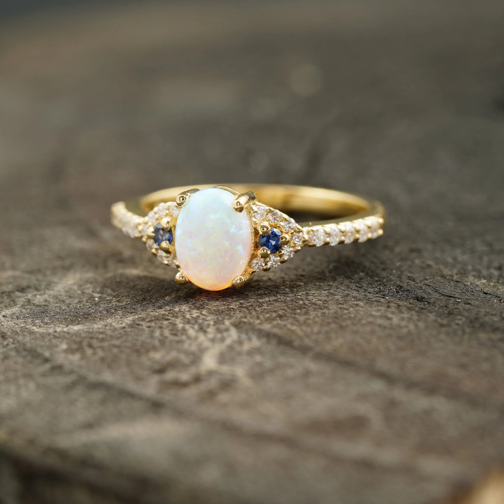 Opal & Sapphire halo Diamond Engagement Ring - MinimalistJewels