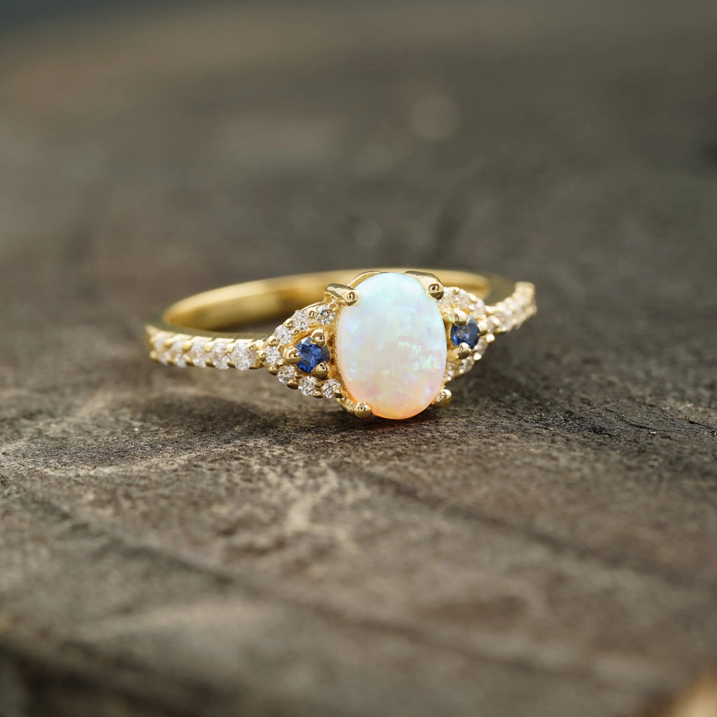 Opal & Sapphire halo Diamond Engagement Ring - MinimalistJewels