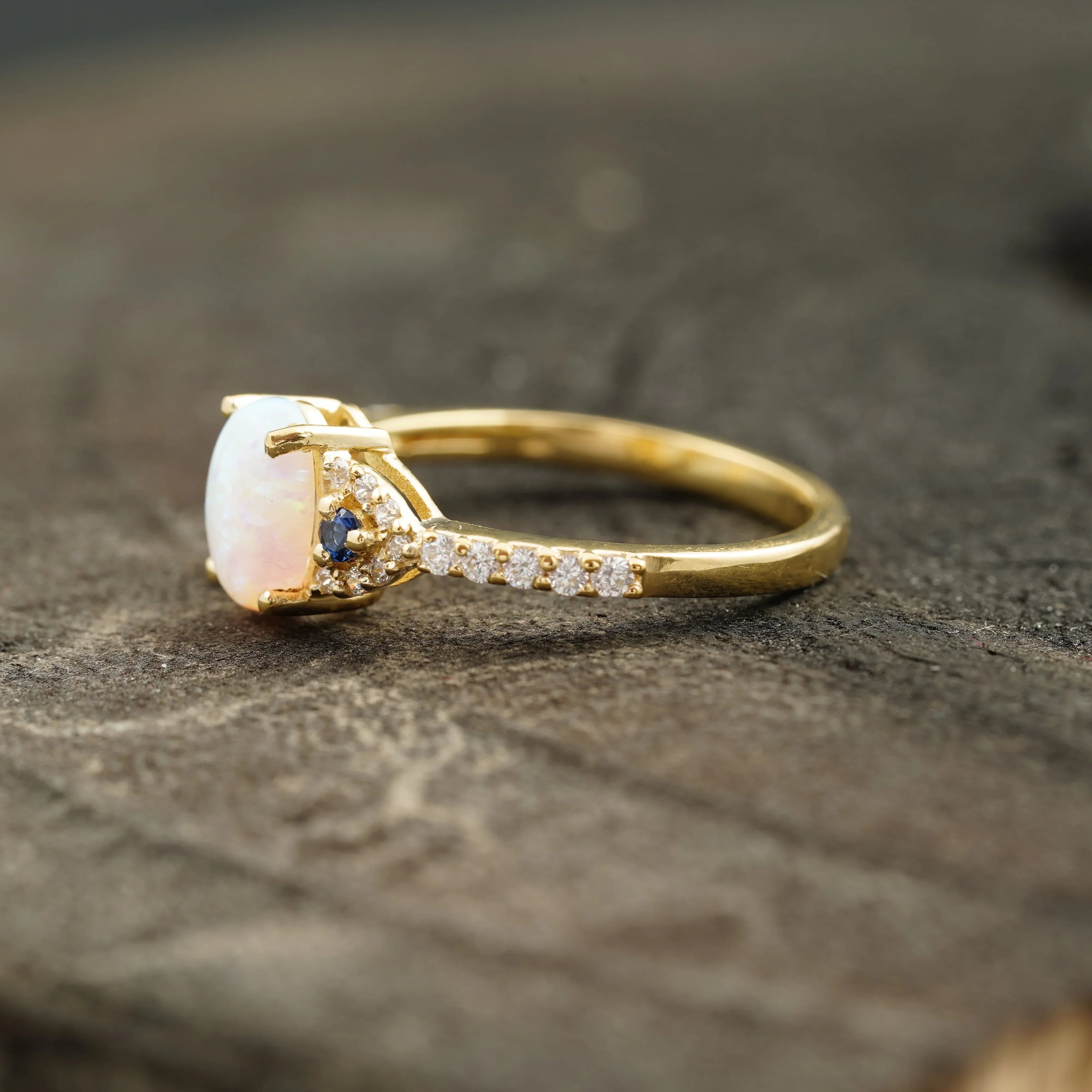 Opal & Sapphire halo Diamond Engagement Ring - MinimalistJewels