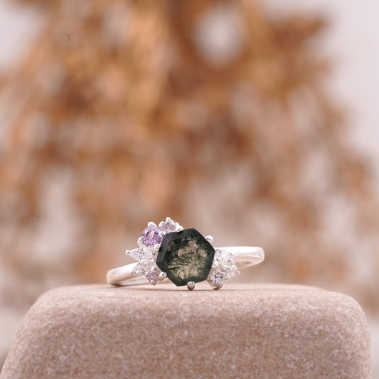 Hexagon Cut Moss Agate Cluster Art Deco Ring