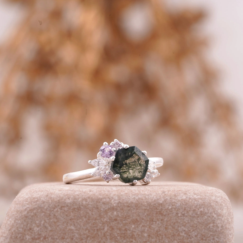 Hexagon Cut Moss Agate Cluster Art Deco Ring - MinimalistJewels