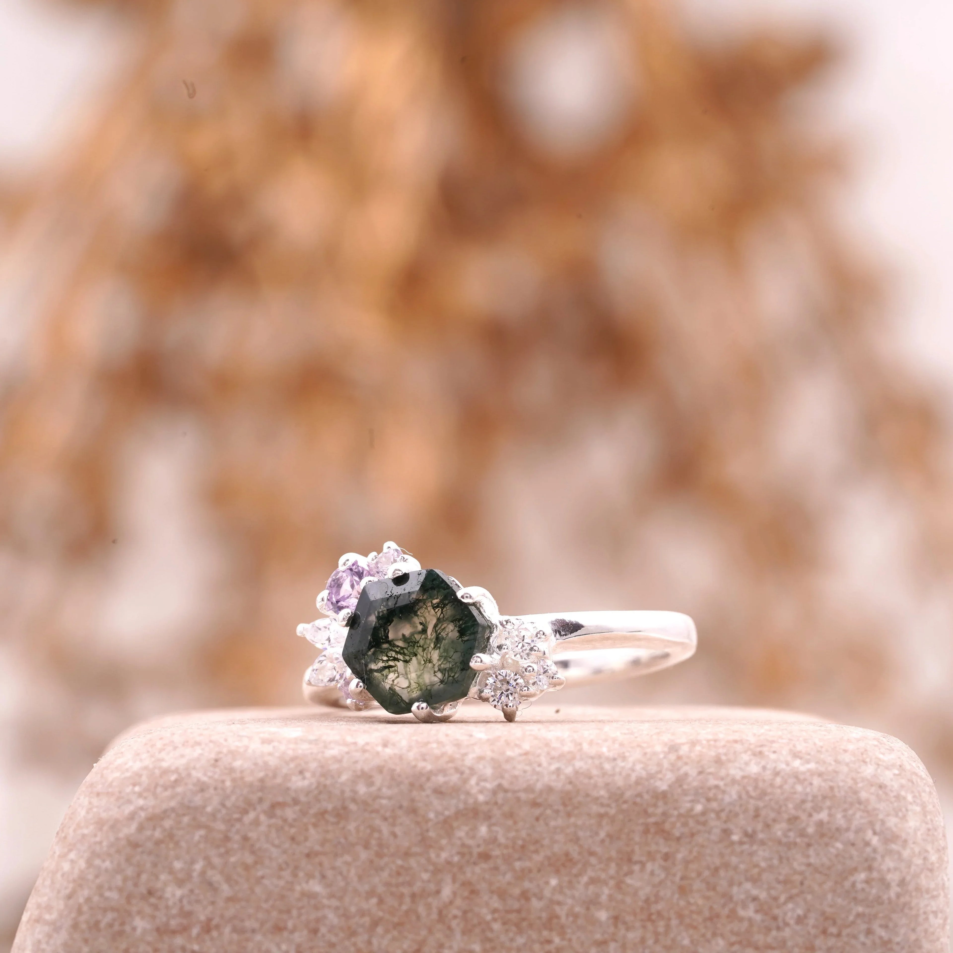 Hexagon Cut Moss Agate Cluster Art Deco Ring - MinimalistJewels