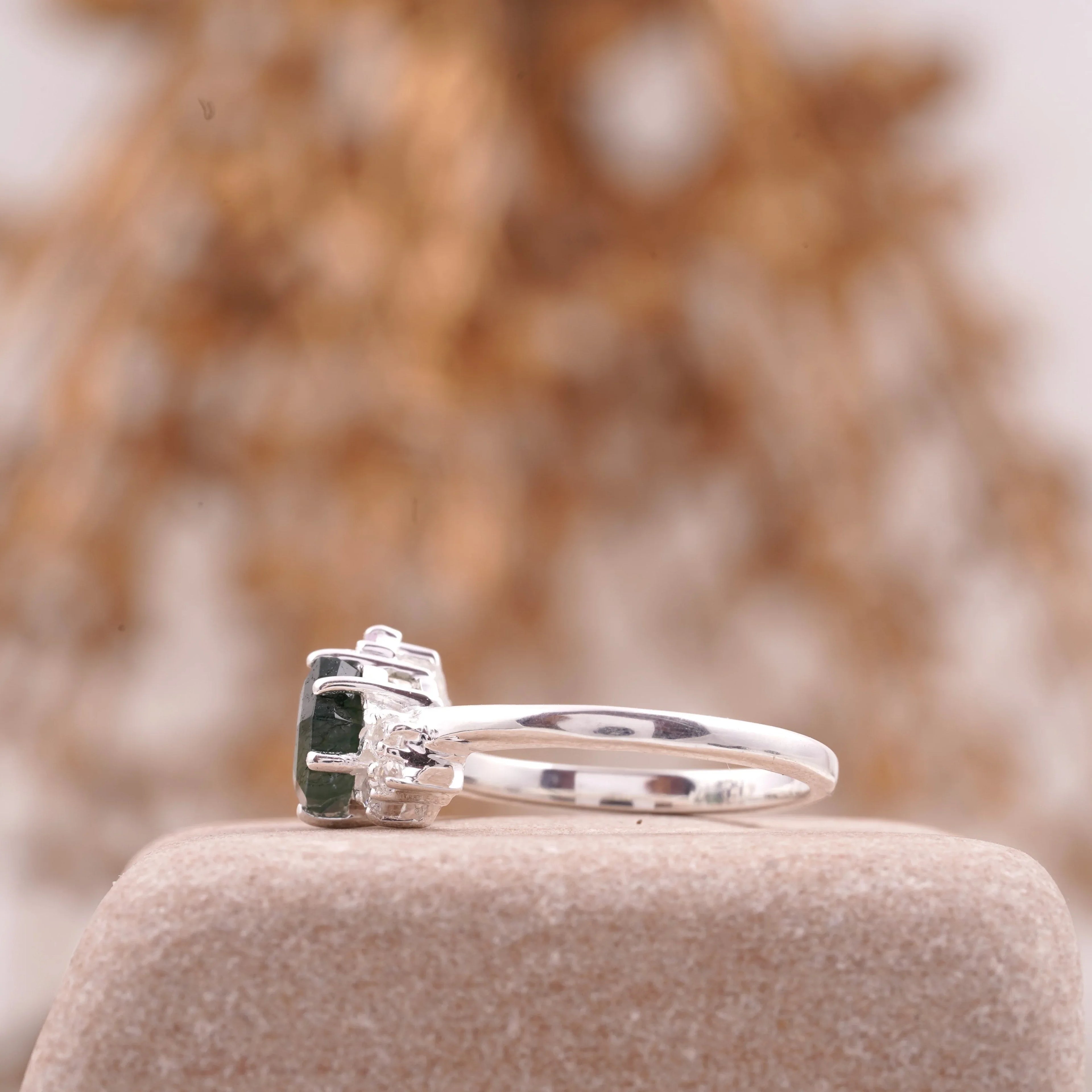 Hexagon Cut Moss Agate Cluster Art Deco Ring - MinimalistJewels