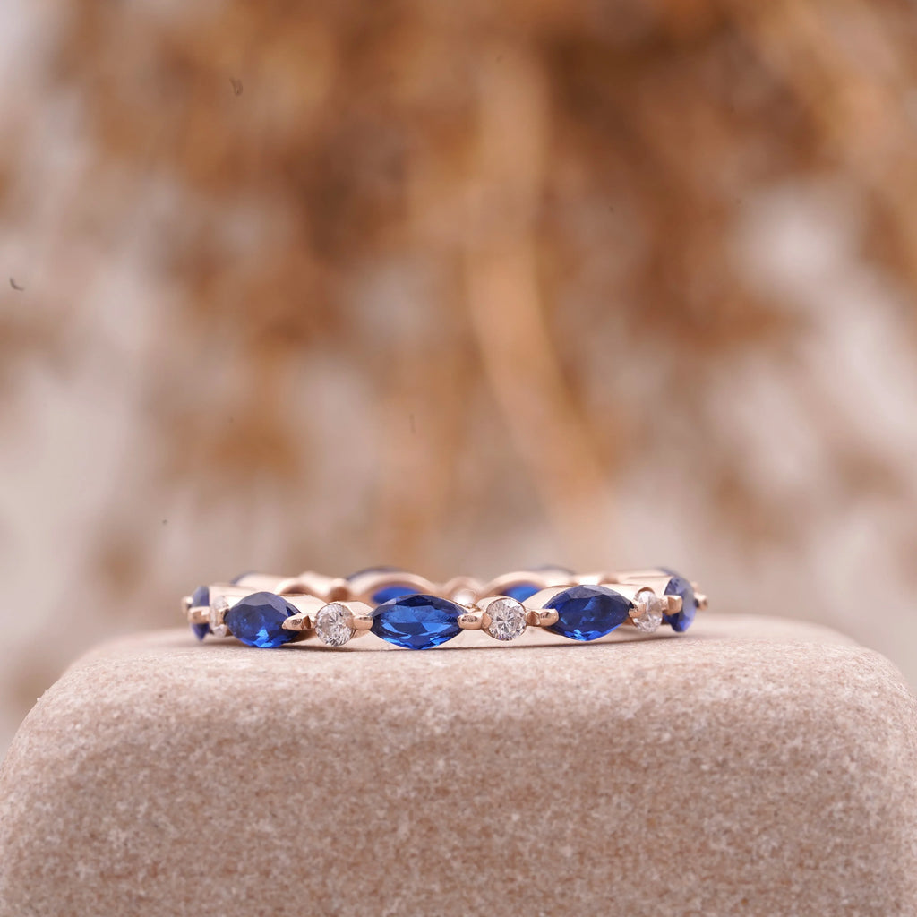 Marquise Cut Blue Sapphire Wedding Band Women - MinimalistJewels