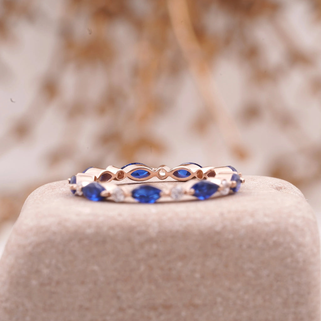 Marquise Cut Blue Sapphire Wedding Band Women - MinimalistJewels