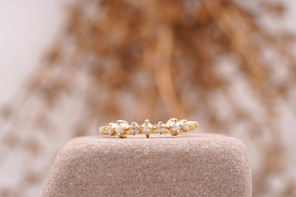 Pearl & Diamond Stacking Wedding Band - MinimalistJewels