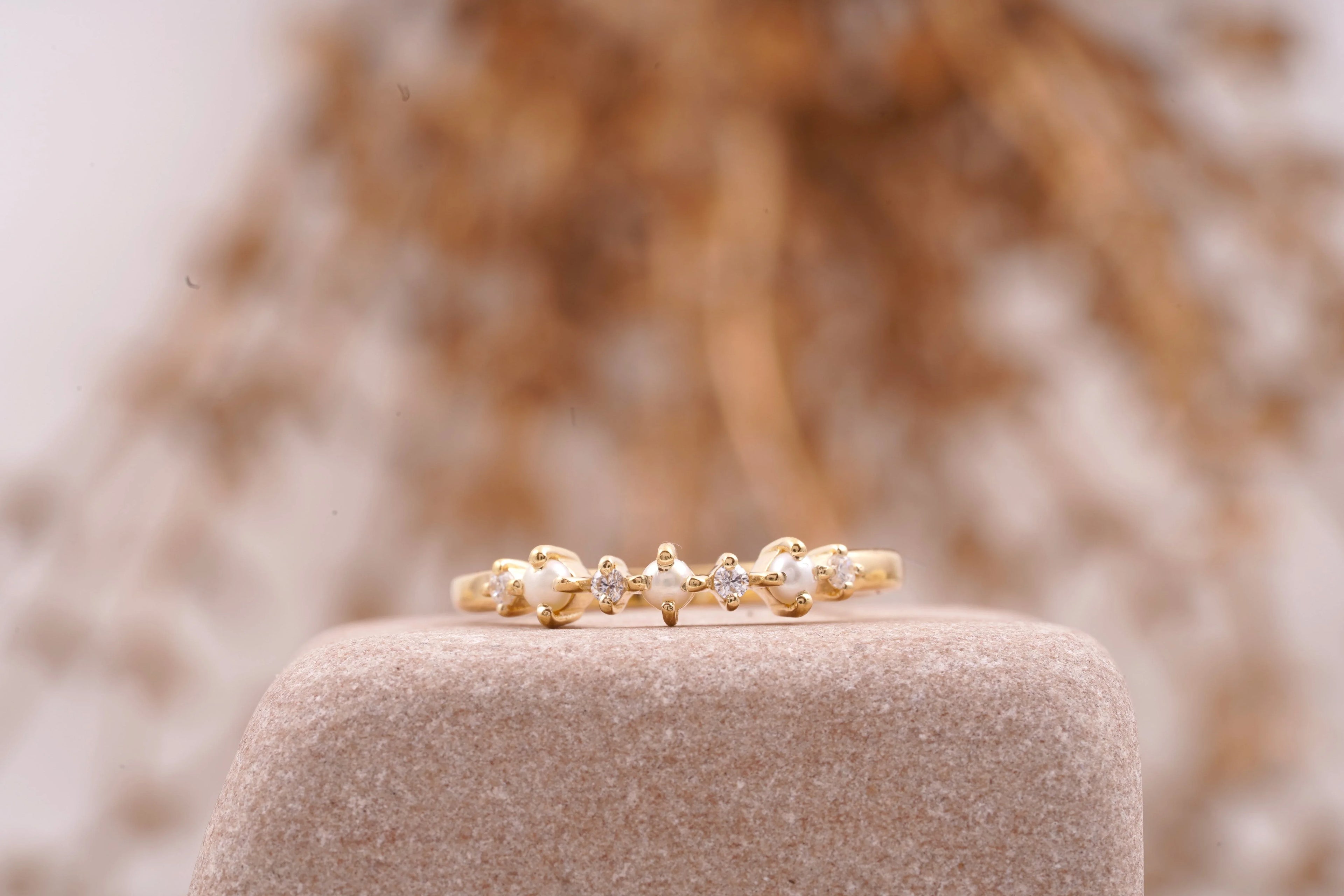 Pearl & Diamond Stacking Wedding Band - MinimalistJewels