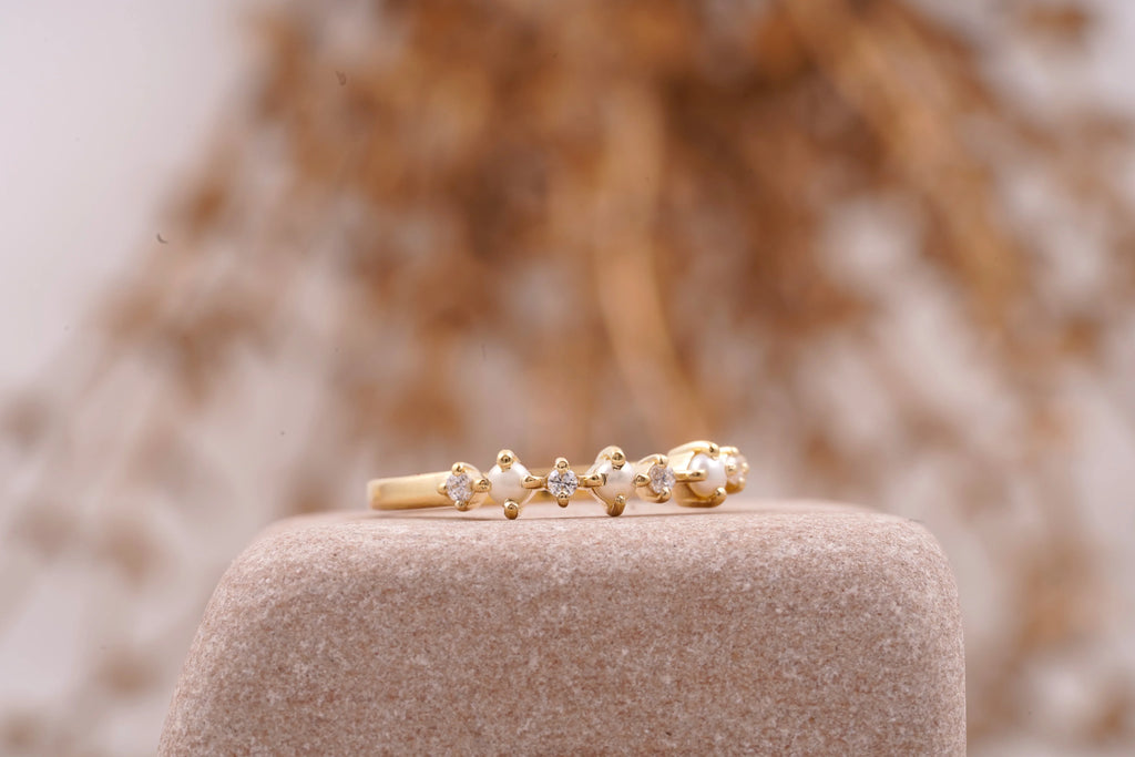 Pearl & Diamond Stacking Wedding Band - MinimalistJewels