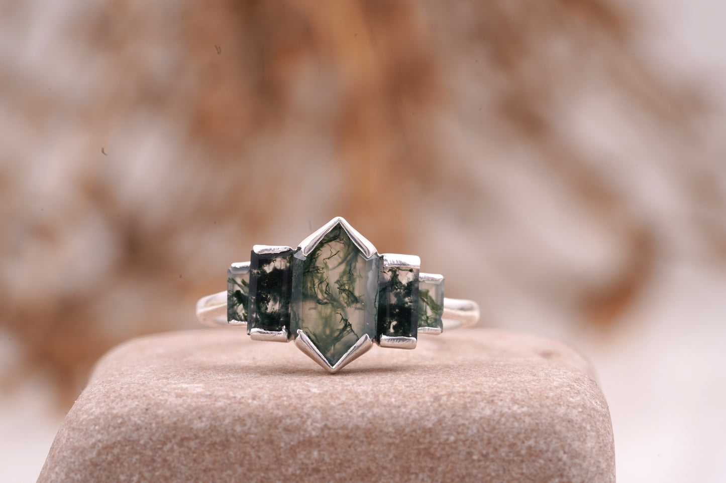 Bezel Set Moss Agate Hexagon Engagement Ring 