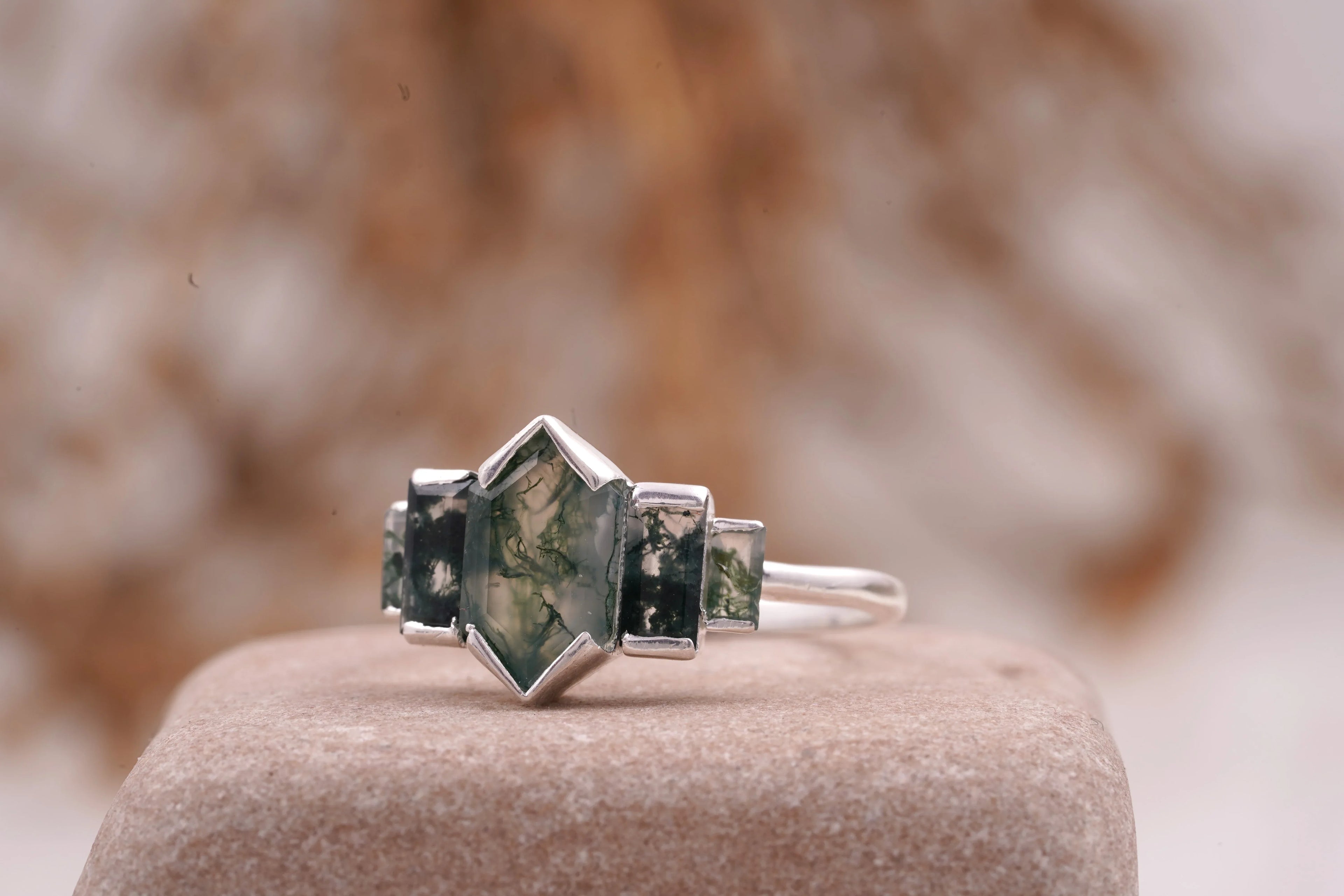 Bezel Set Moss Agate Hexagon Engagement Ring - MinimalistJewels