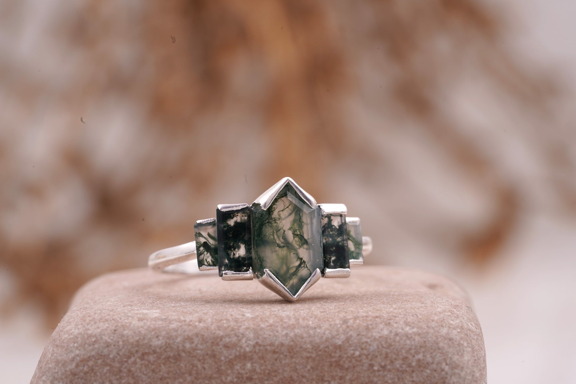 Bezel Set Moss Agate Hexagon Engagement Ring  Right Angle