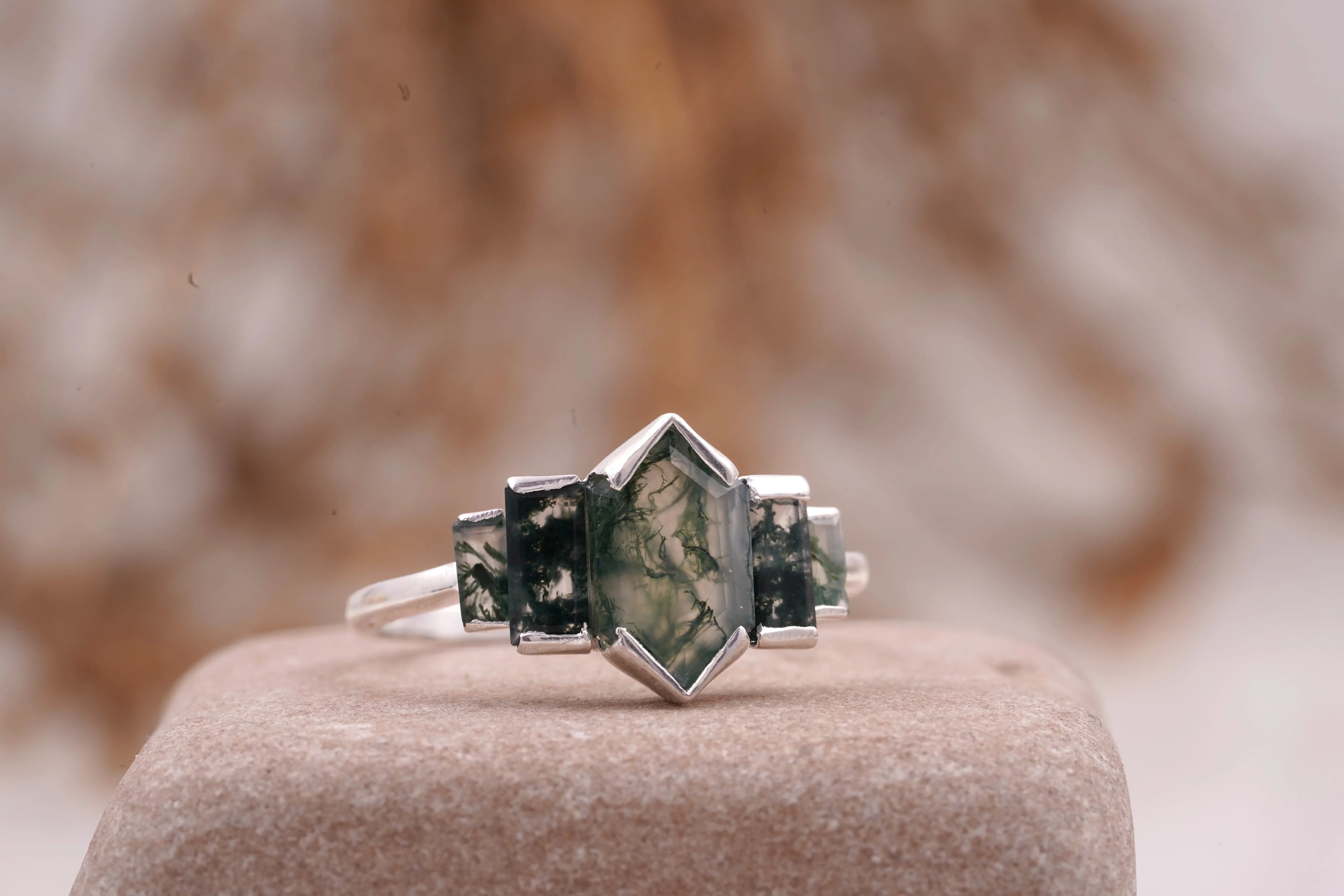 Bezel Set Moss Agate Hexagon Engagement Ring - MinimalistJewels