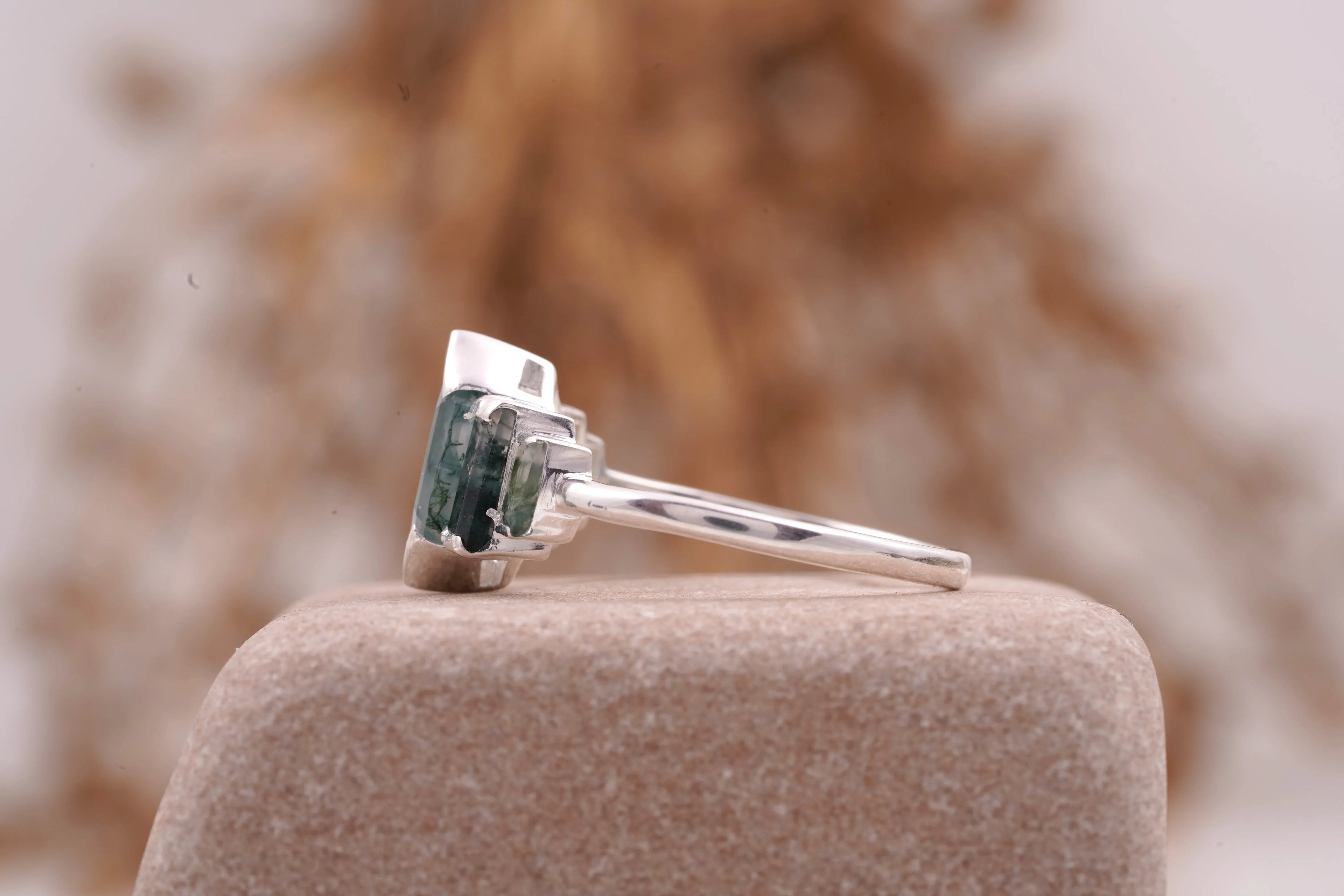 Bezel Set Moss Agate Hexagon Engagement Ring - MinimalistJewels