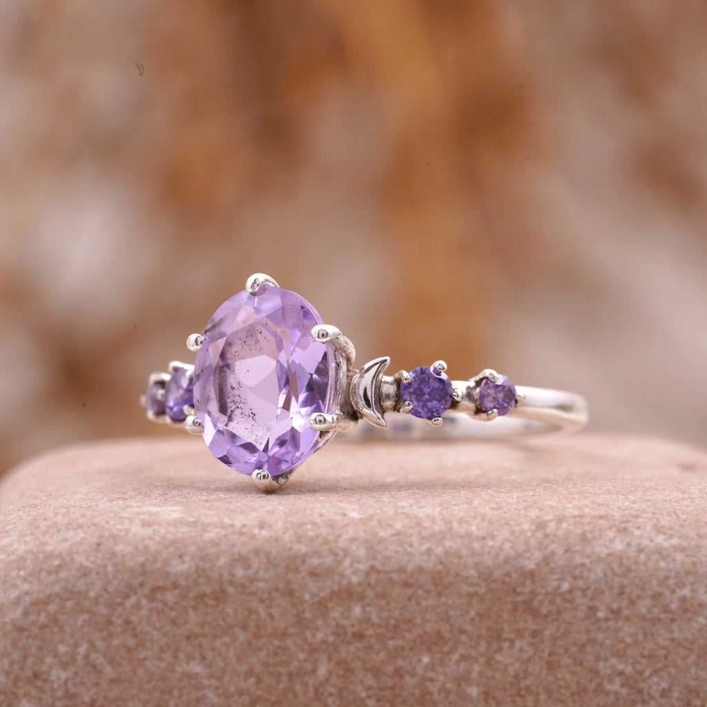 Lavender Amethyst Celestial Moon Design Engagement Ring Women - MinimalistJewels