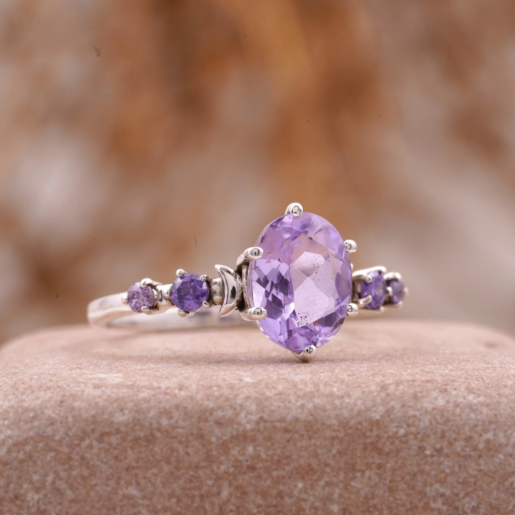 Lavender Amethyst Celestial Moon Design Engagement Ring Women - MinimalistJewels