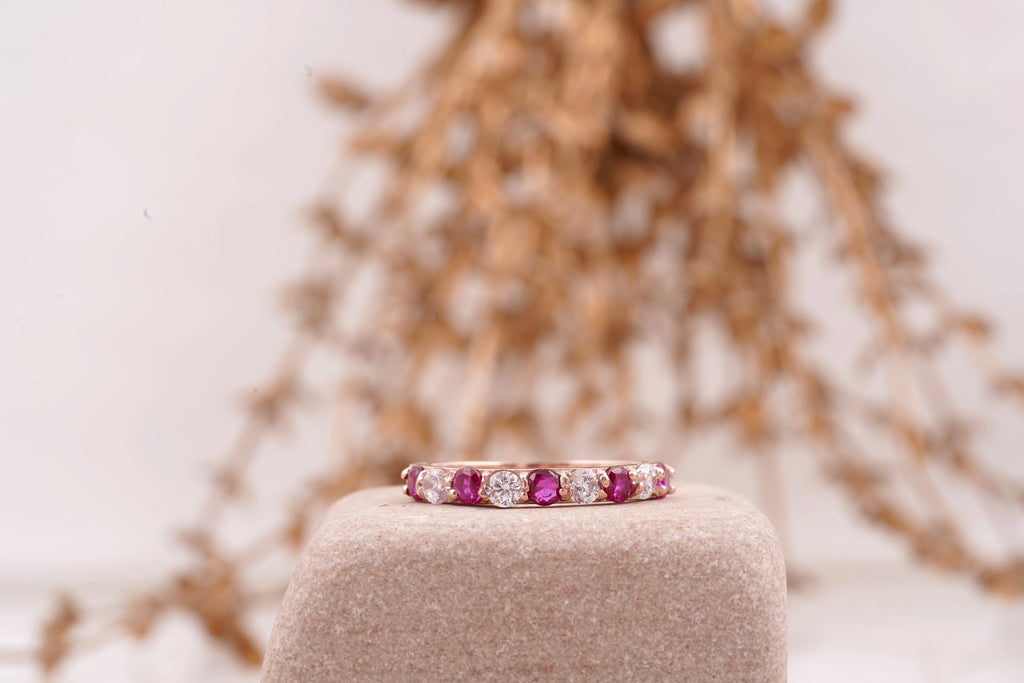Ruby And Diamond 14k Rose Gold Stacking Wedding Band Women - MinimalistJewels