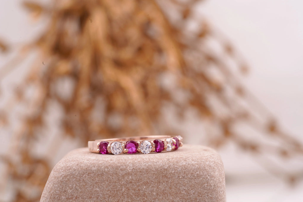 Ruby And Diamond 14k Rose Gold Stacking Wedding Band Women - MinimalistJewels