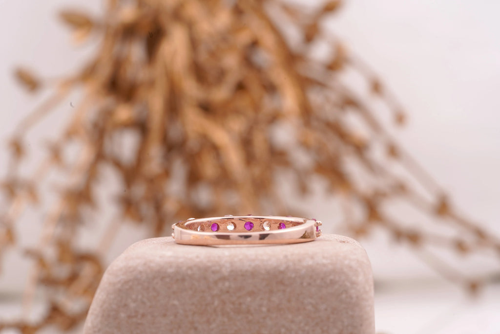 Ruby And Diamond 14k Rose Gold Stacking Wedding Band Women - MinimalistJewels