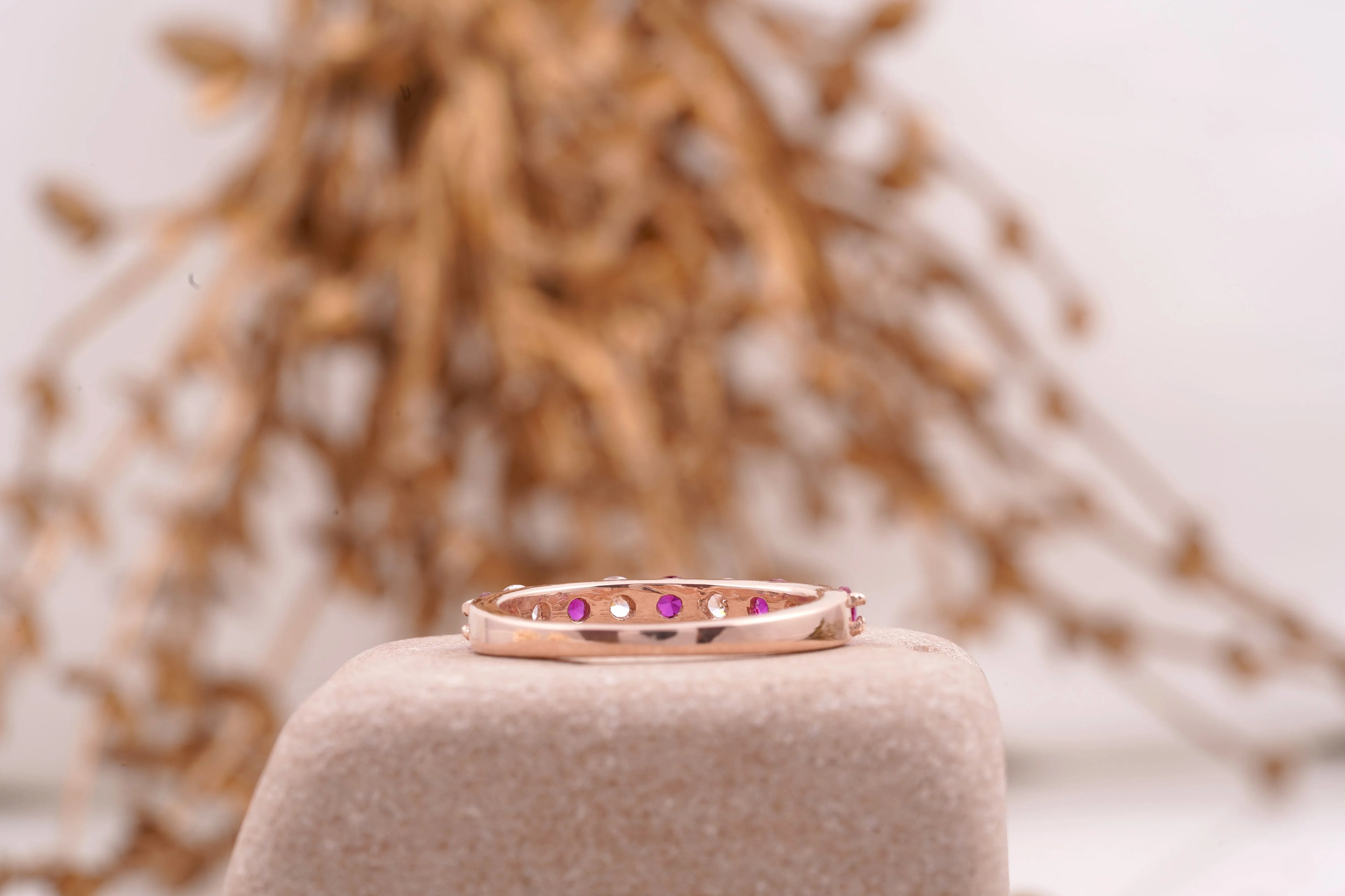Ruby And Diamond 14k Rose Gold Stacking Wedding Band Women - MinimalistJewels