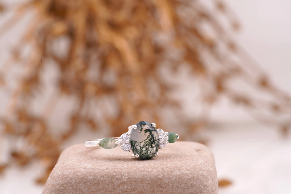 Moss Agate Oval Cut Silver Engagement Ring - MinimalistJewels