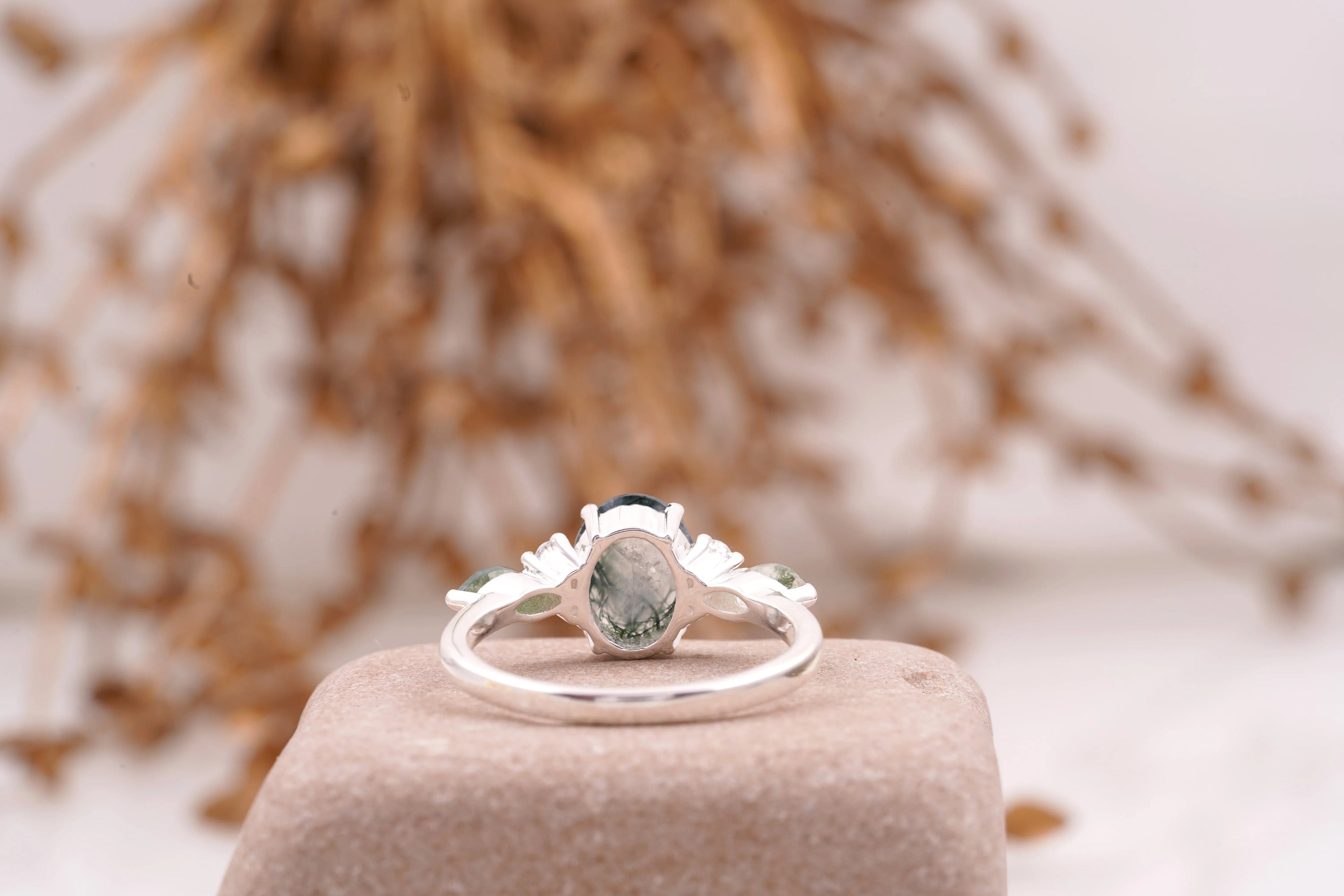 Moss Agate Oval Cut Silver Engagement Ring - MinimalistJewels