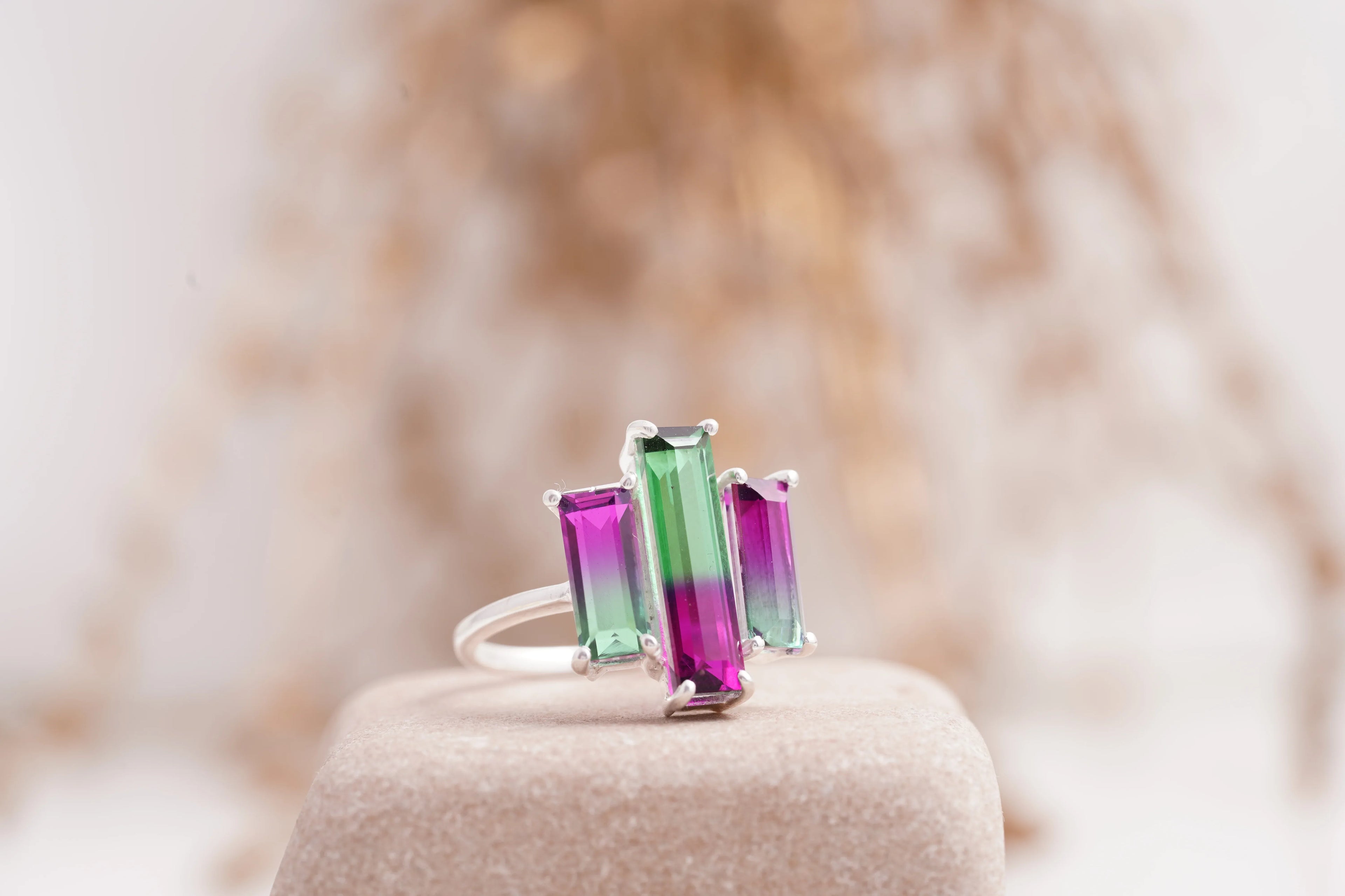 Watermelon Tourmaline Baguette Cocktail Ring - MinimalistJewels