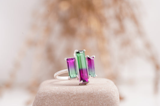 Watermelon Tourmaline Baguette Cut Three Stone Bio Color Cocktail Ring