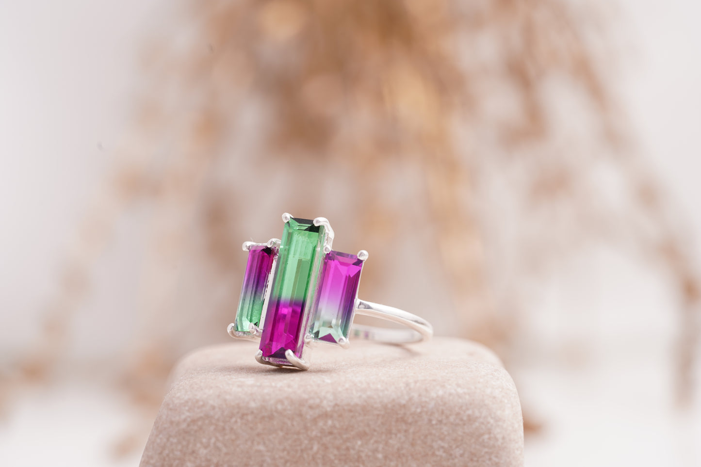 Watermelon Tourmaline Baguette Cut Three Stone Bio Color Cocktail Ring