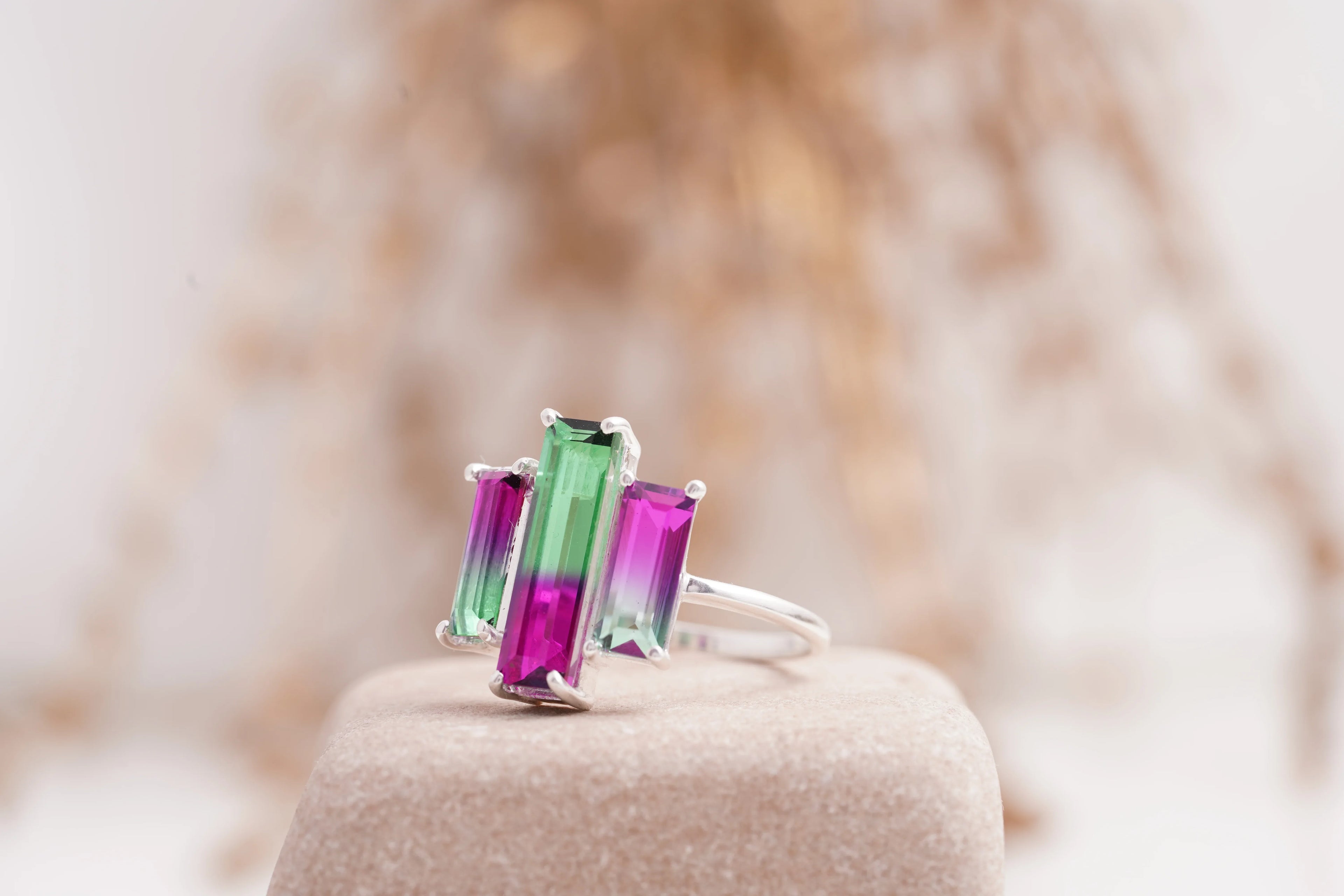 Watermelon Tourmaline Baguette Cocktail Ring - MinimalistJewels