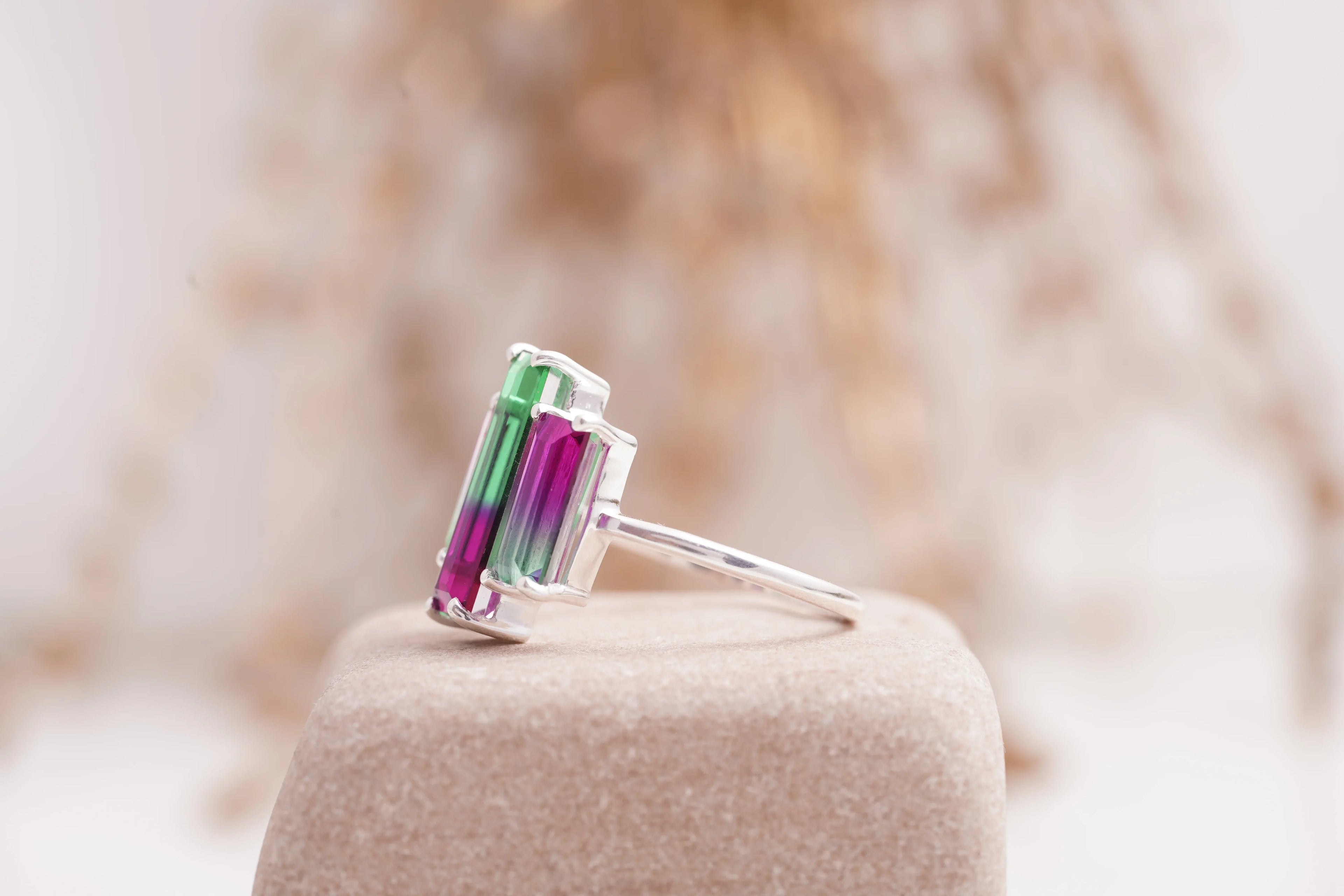 Watermelon Tourmaline Baguette Cocktail Ring - MinimalistJewels