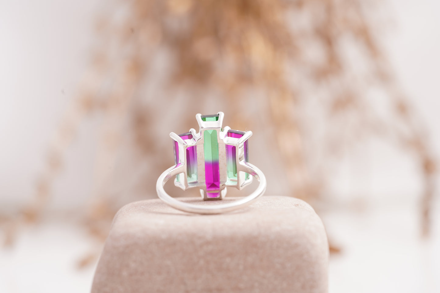 Watermelon Tourmaline Baguette Cut Three Stone Bio Color Cocktail Ring