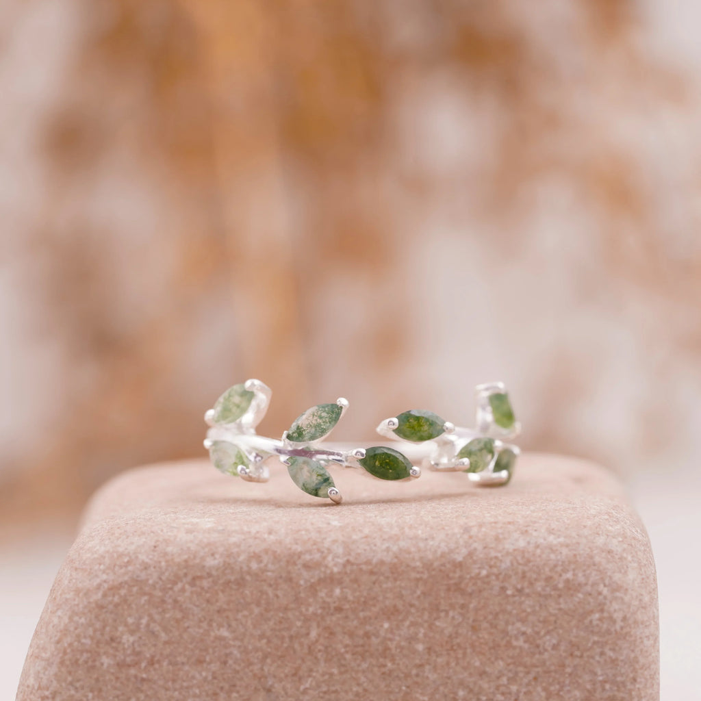 Leaf Moss Agate 925 Sterling Silver Wedding Band For Women - MinimalistJewels