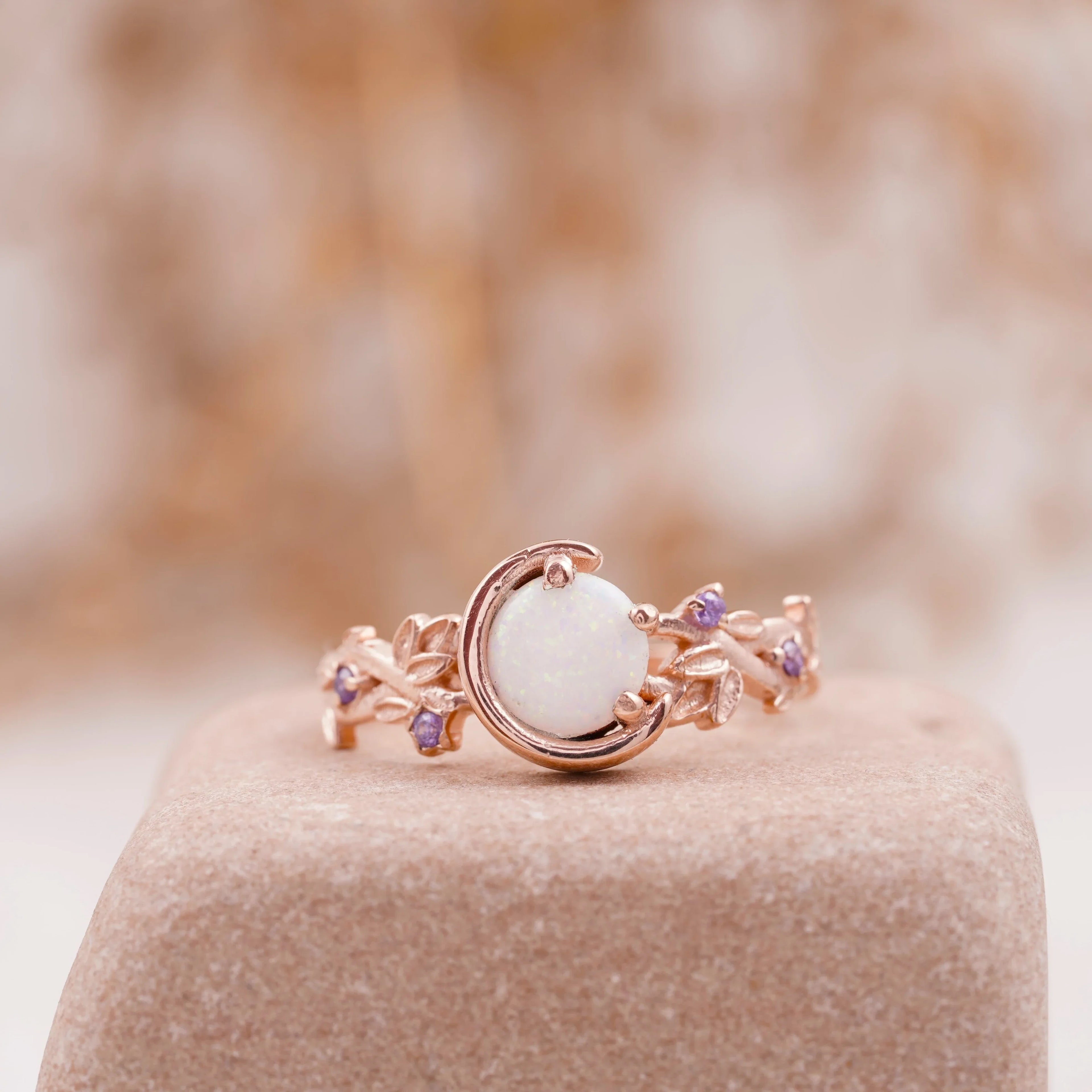 Moon Star Opal Engagement Ring with Amethyst Band - MinimalistJewels
