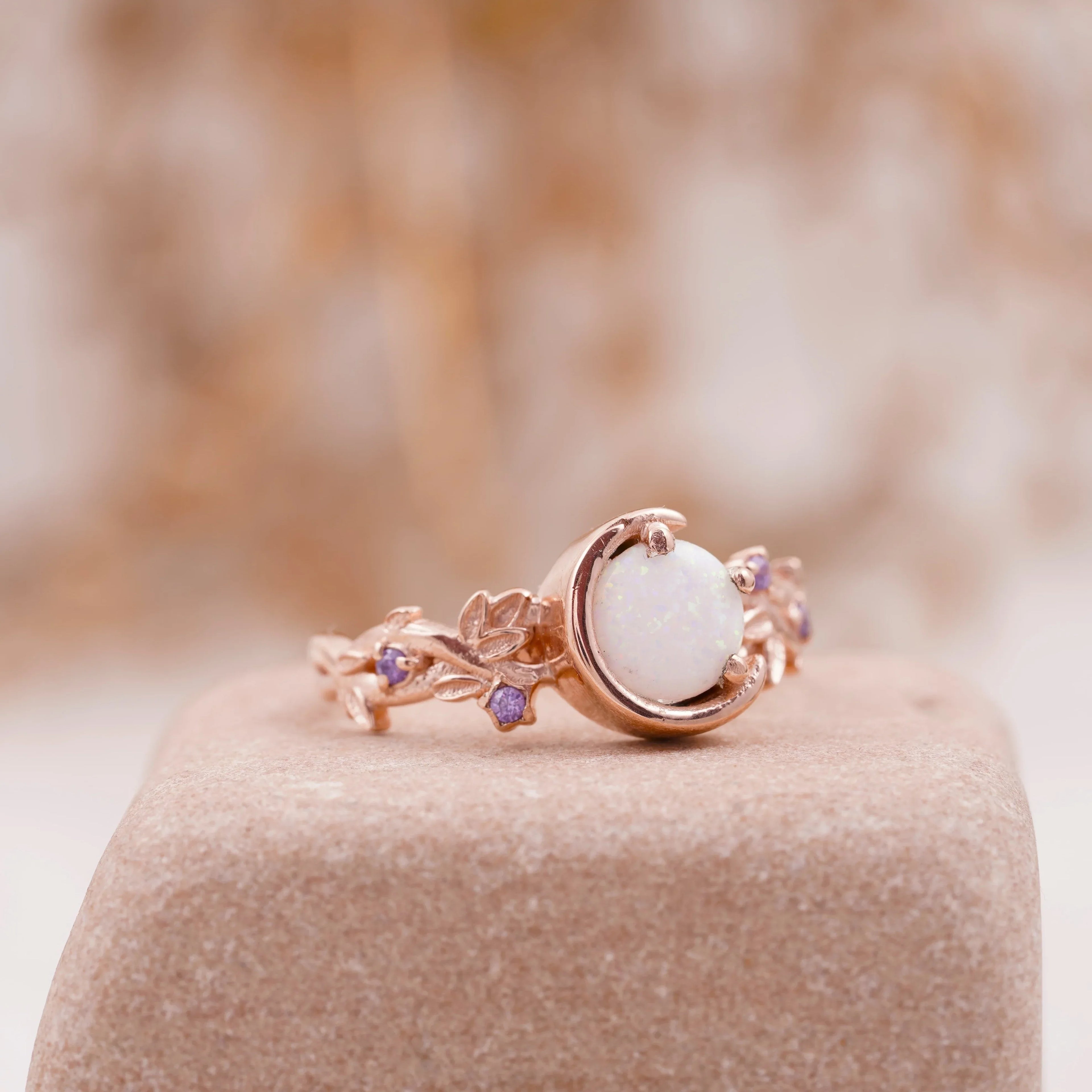 Moon Star Opal Engagement Ring with Amethyst Band - MinimalistJewels