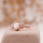 Moon Star Opal Engagement Ring with Amethyst Band - MinimalistJewels