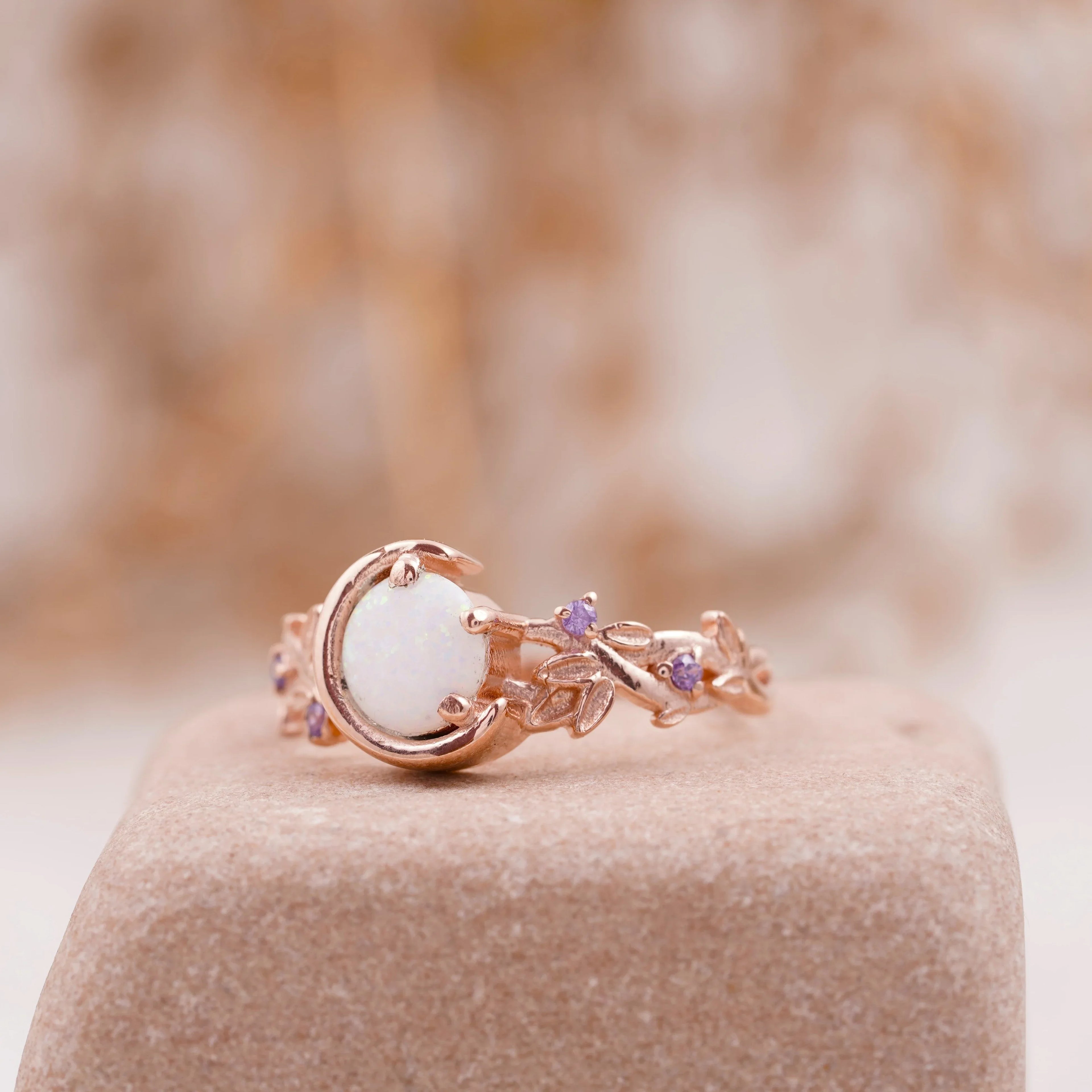 Moon Star Opal Engagement Ring with Amethyst Band - MinimalistJewels