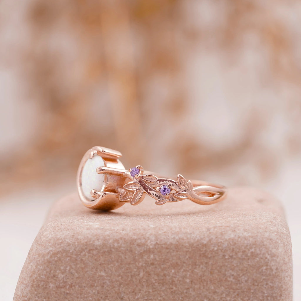Moon Star Opal Engagement Ring with Amethyst Band - MinimalistJewels