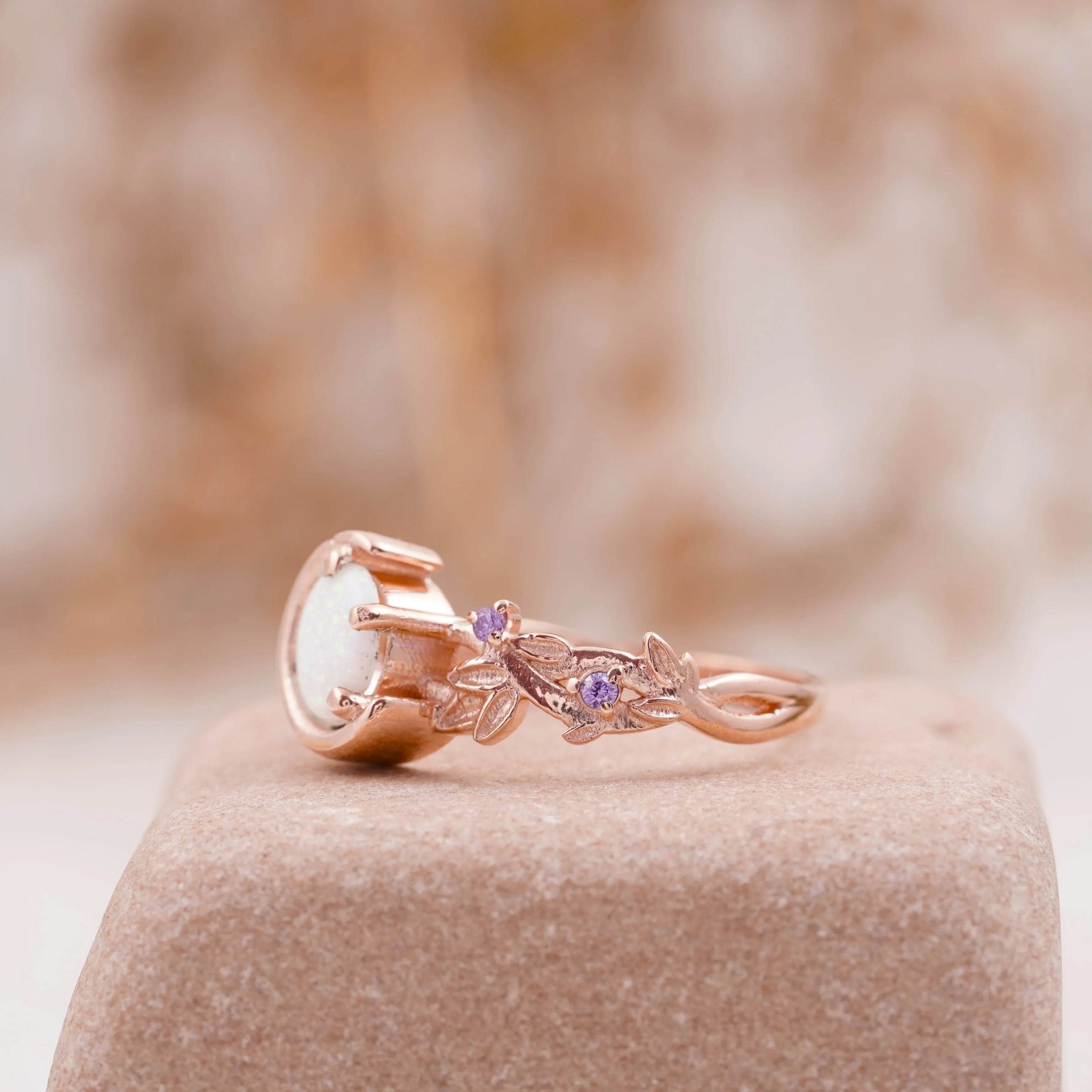 Moon Star Opal Engagement Ring with Amethyst Band - MinimalistJewels