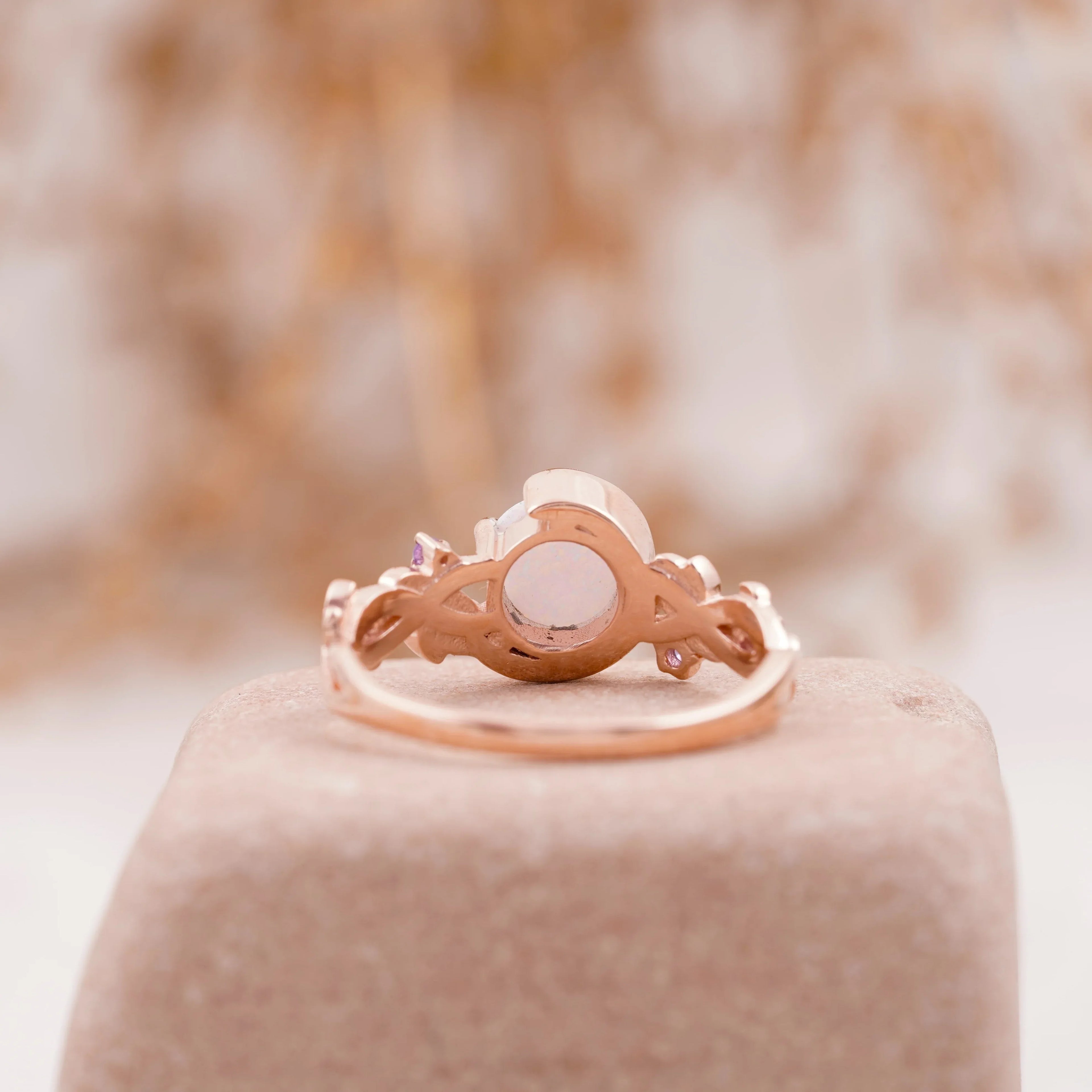 Moon Star Opal Engagement Ring with Amethyst Band - MinimalistJewels