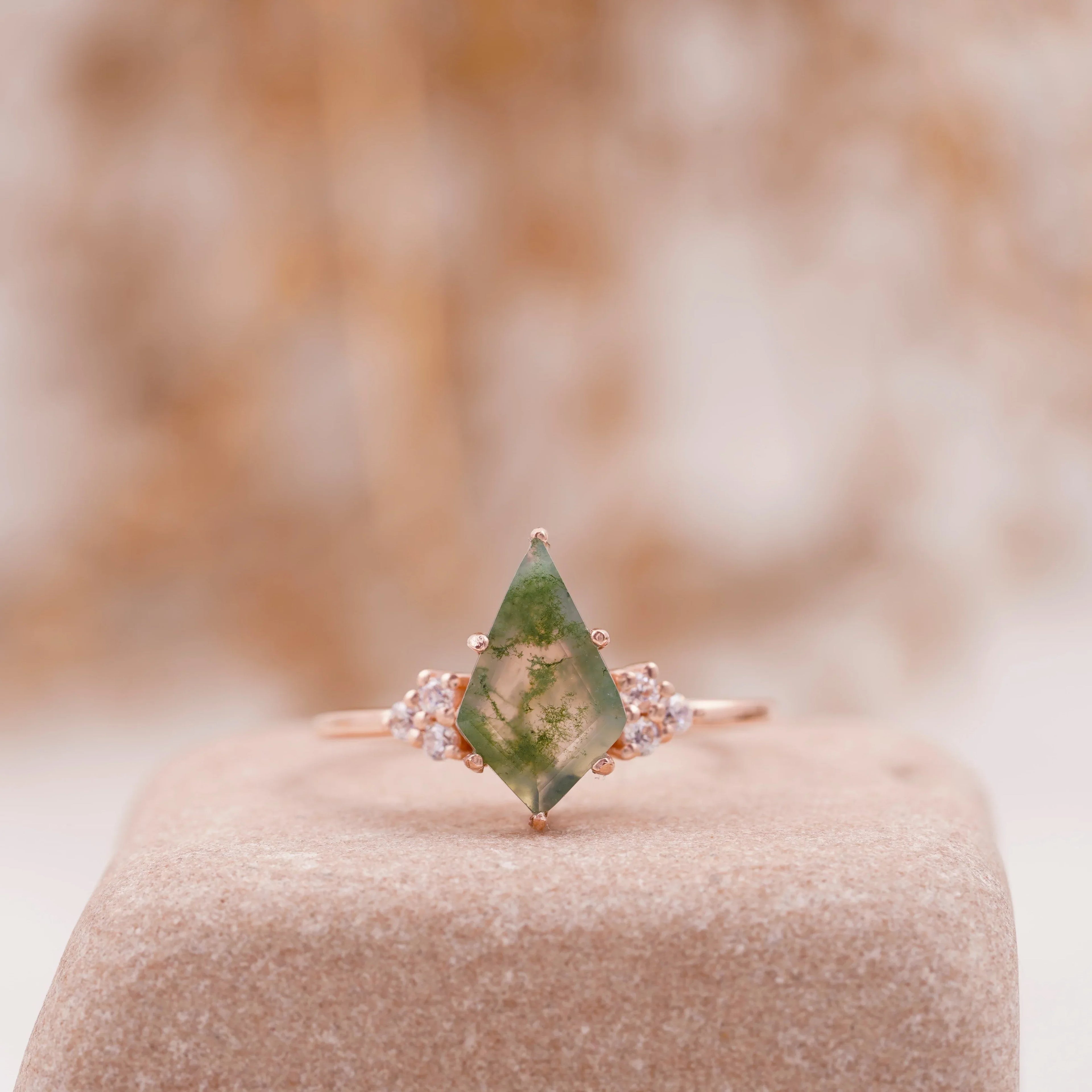 Kite Shaped Moss Agate Engagement Ring - MinimalistJewels