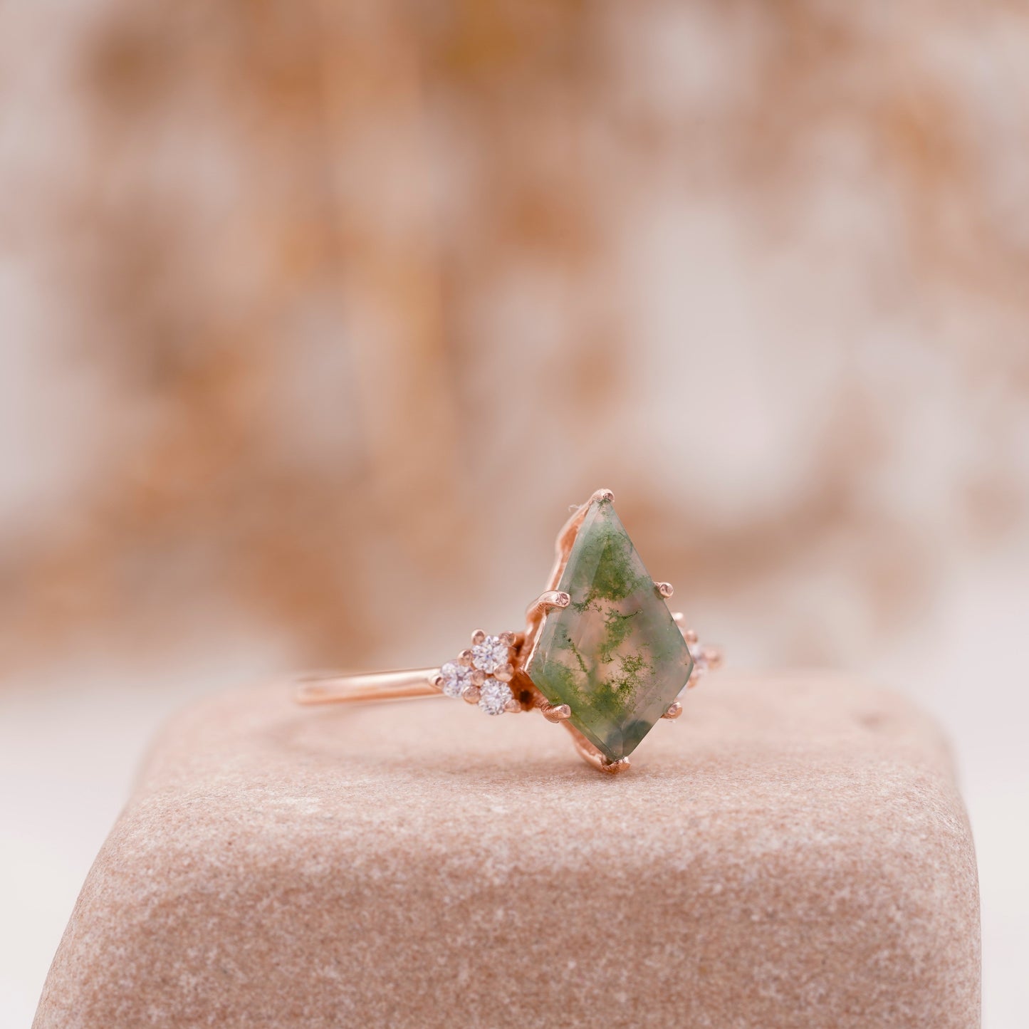 Kite Shaped Moss Agate Engagement Ring