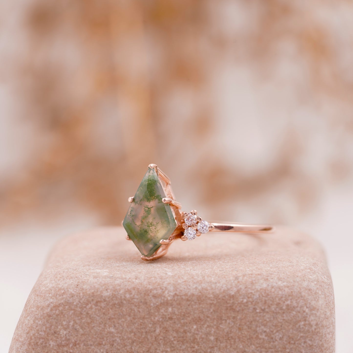 Kite Shaped Moss Agate Engagement Ring